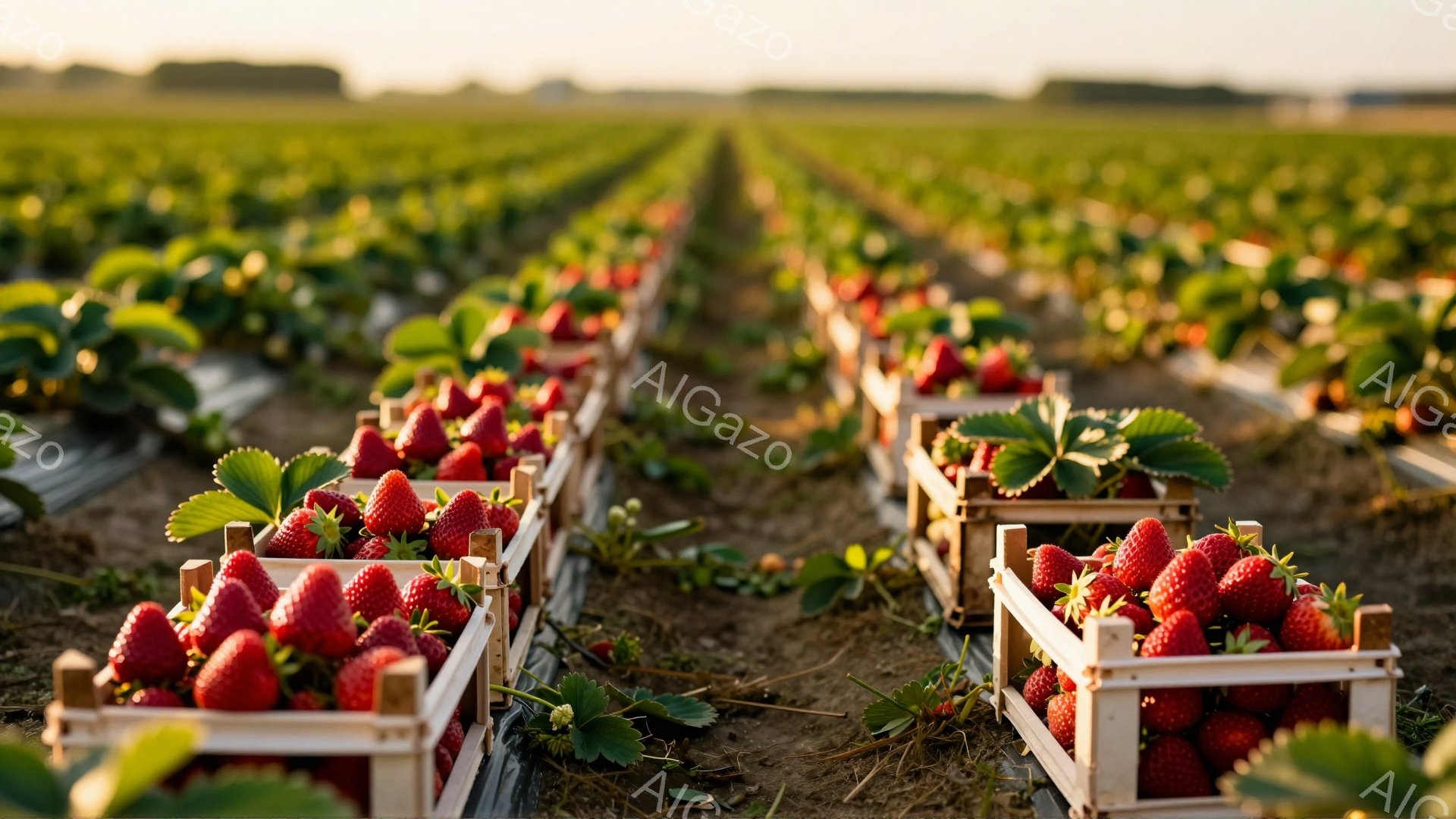 広大なイチゴ畑が、整然と並んだ畝に沿って広がっている。木製の箱には、鮮やかな赤いイチゴがぎっしりと詰め込まれ、緑色の葉とのコントラストが美しい。遠景には畑が広がり、晴れた空の下、穏やかな雰囲気が漂っている。