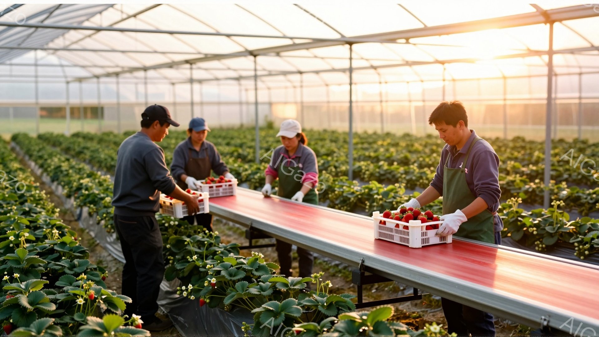 複数の作業員がイチゴの選別作業を行っているビニールハウス内である。彼らは皆、白い手袋と作業着を着用し、イチゴを箱に丁寧に並べている。背景には、整然と並んだイチゴの植え床と、夕焼けのような柔らかな光が差し込む畑が見え、全体的に穏やかで働き者の雰囲気が漂っている。