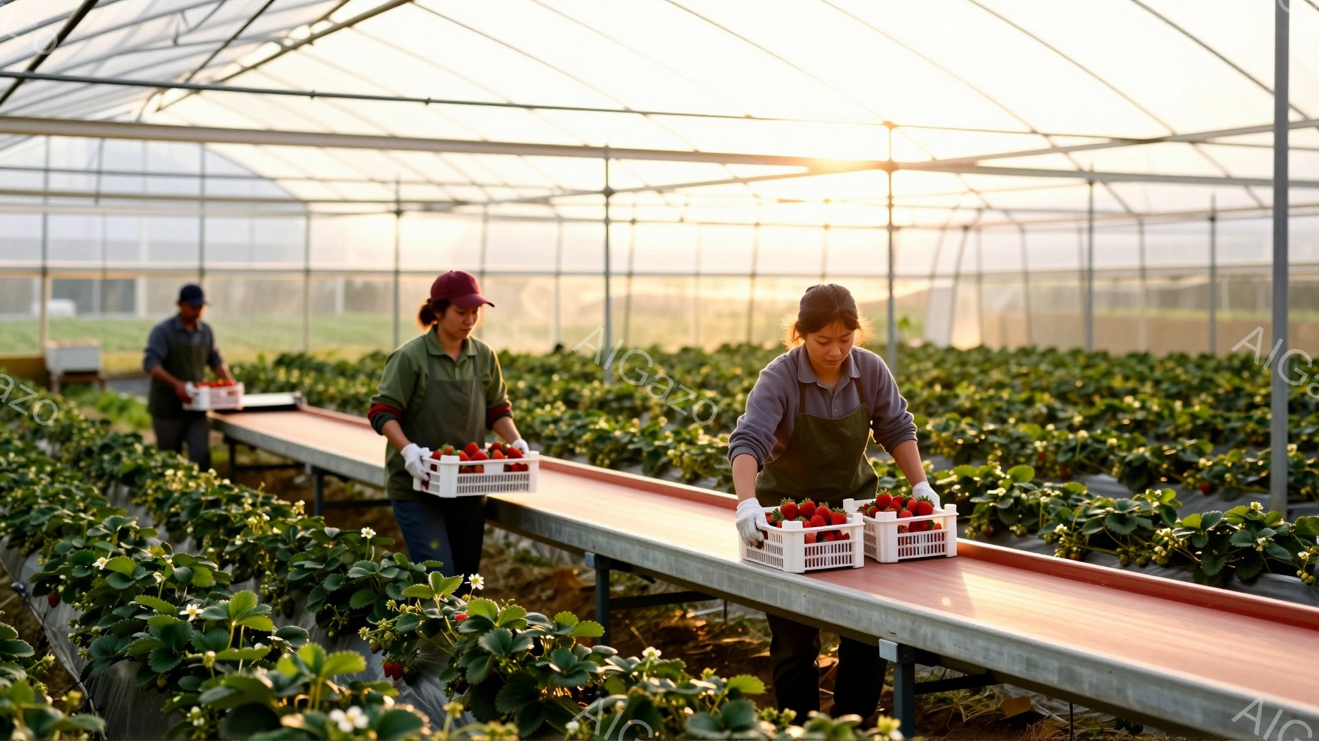 広い温室で、作業員二人がイチゴの収穫作業を行っている。女性はエプロンと手袋を着用し、イチゴが並んだトレーをベルトコンベアに載せている。背景にはイチゴ畑が広がり、夕焼けのような光が差し込み、温かく穏やかな雰囲気を醸し出している。