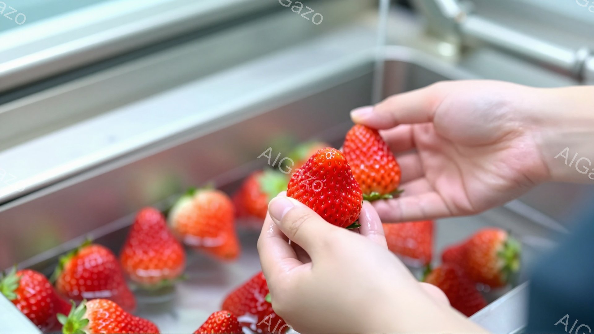 鮮やかな赤色のイチゴがステンレス製のシンクにたくさん並べられています。手が一つ、イチゴを丁寧に持っており、果実の鮮度や品質を確認している様子が伺えます。全体的に清潔感があり、イチゴの収穫や選別の現場を - AI生成フリー素材