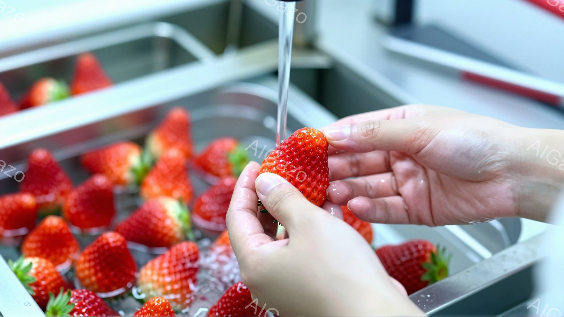 鮮やかな赤いイチゴがステンレス製のボウルの中で水洗いされています。手はイチゴを優しく持ち、水流によってきれいに洗浄されている様子がわかります。背景はステンレス製のシンクで、全体的に清潔感があり、新鮮な果物を取り扱う場面を表しています。
