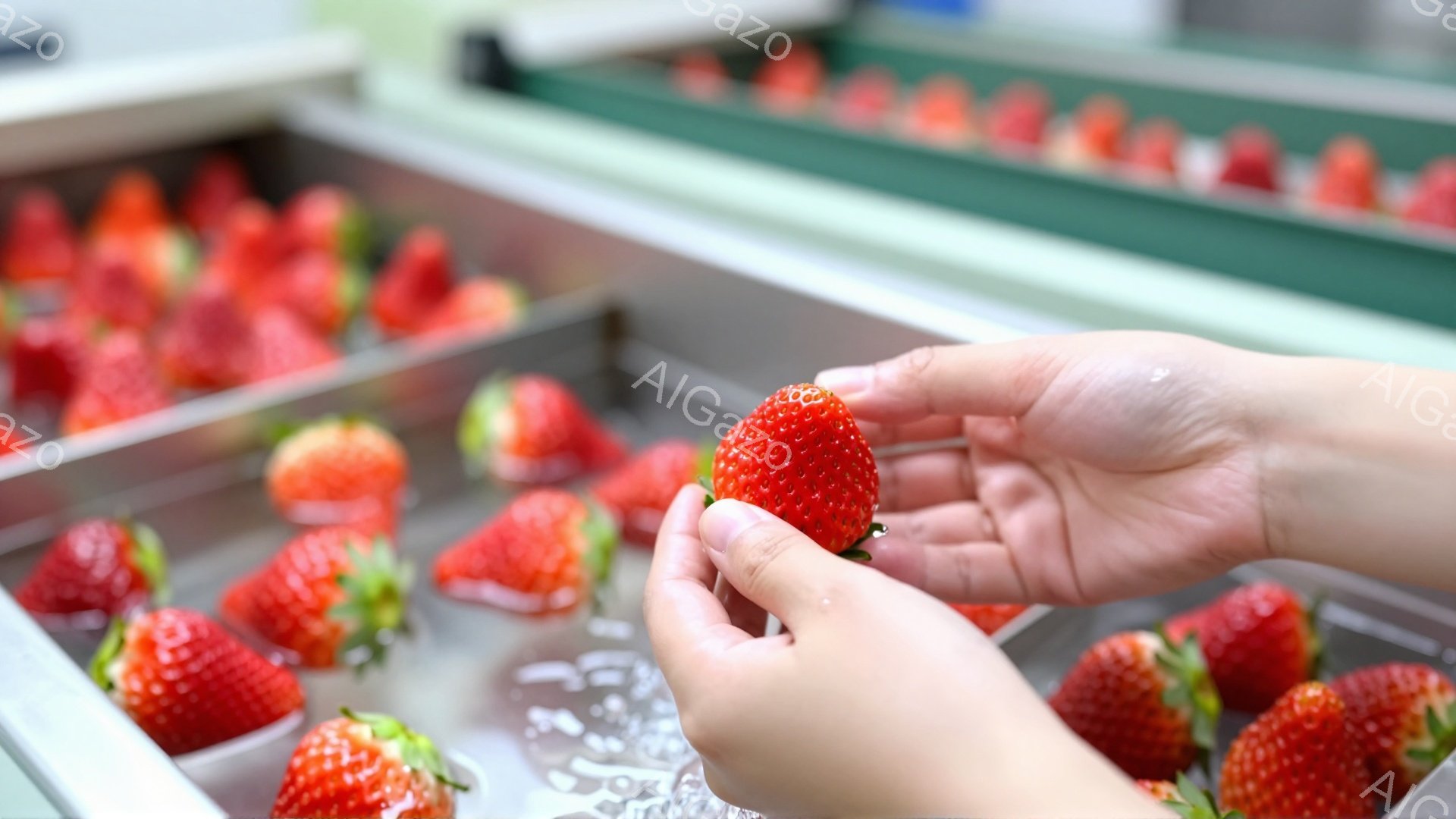 画像は、ステンレス製のコンベアベルトの上でイチゴを丁寧に選別する作業員の手に焦点を当てています。鮮やかな赤色のイチゴがベルトの上を流れ、一部はすでに容器に並べられています。背景は工業的な雰囲気で、イチ - AI生成フリー素材