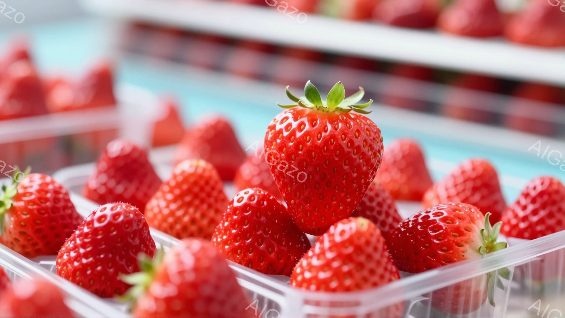 鮮やかな赤いイチゴが透明なケースにぎっしりと詰まっています。イチゴは瑞々しく、表面には小さな種が点在し、緑色の葉が数枚付いています。ケースが積み重ねられている背景は明るく、イチゴの鮮やかさを際立たせて - AI生成フリー素材