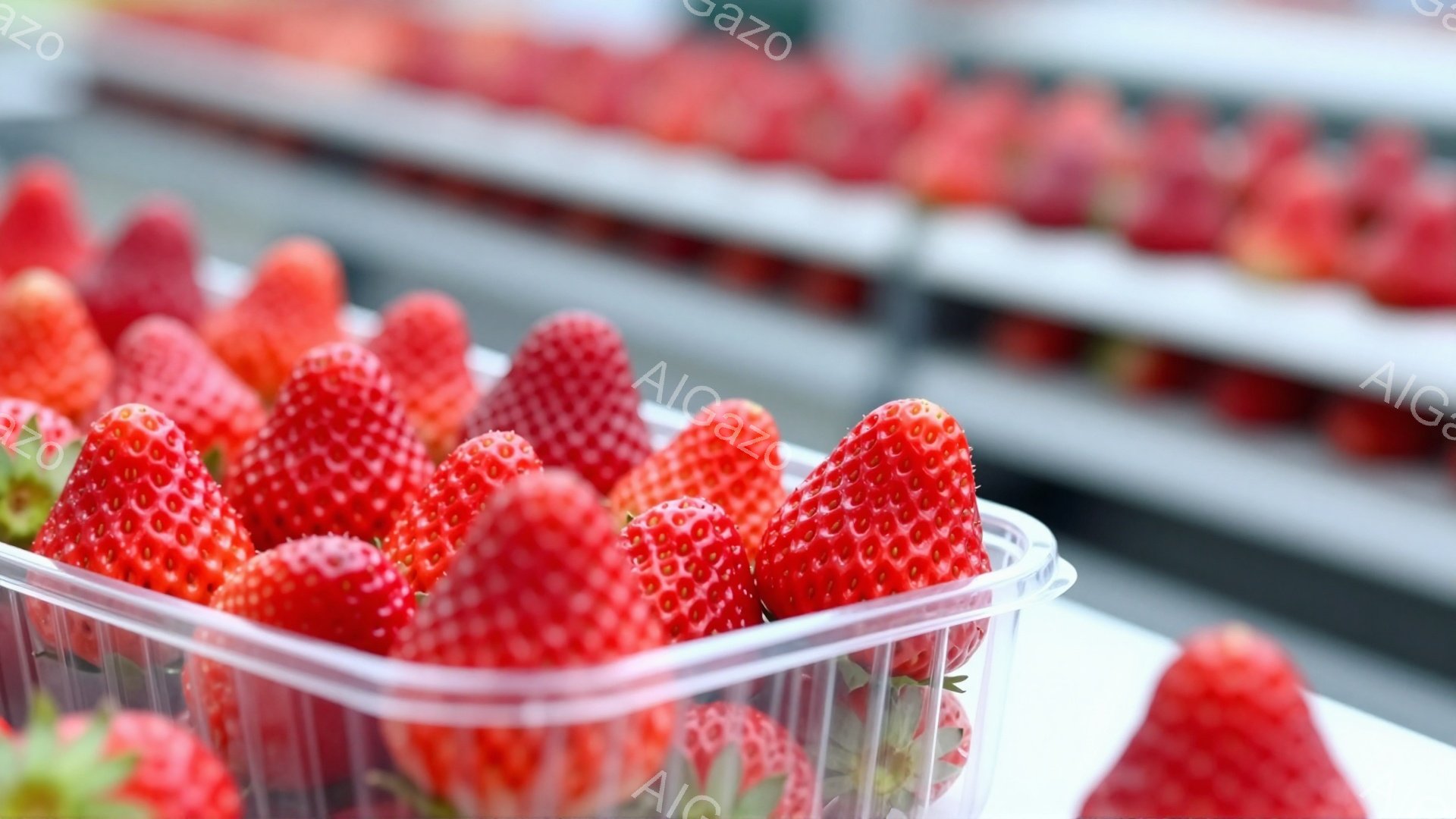 鮮やかな赤いイチゴが透明なプラスチックのパックにぎっしりと詰まっています。パックは白い台の上に置かれ、背景には同様のパックが規則的に並んだイチゴ畑がぼやけて広がっています。全体的に、イチゴの鮮度と収穫 - AI生成フリー素材