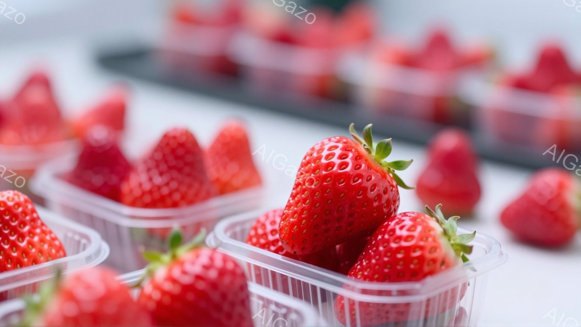 画像には、透明なプラスチックの容器に詰められた新鮮なイチゴが並べられています。イチゴは鮮やかな赤色で、葉が少し残っており、みずみずしさが伝わってきます。背景は白く、イチゴの色が際立っており、全体的に清 - AI生成フリー素材