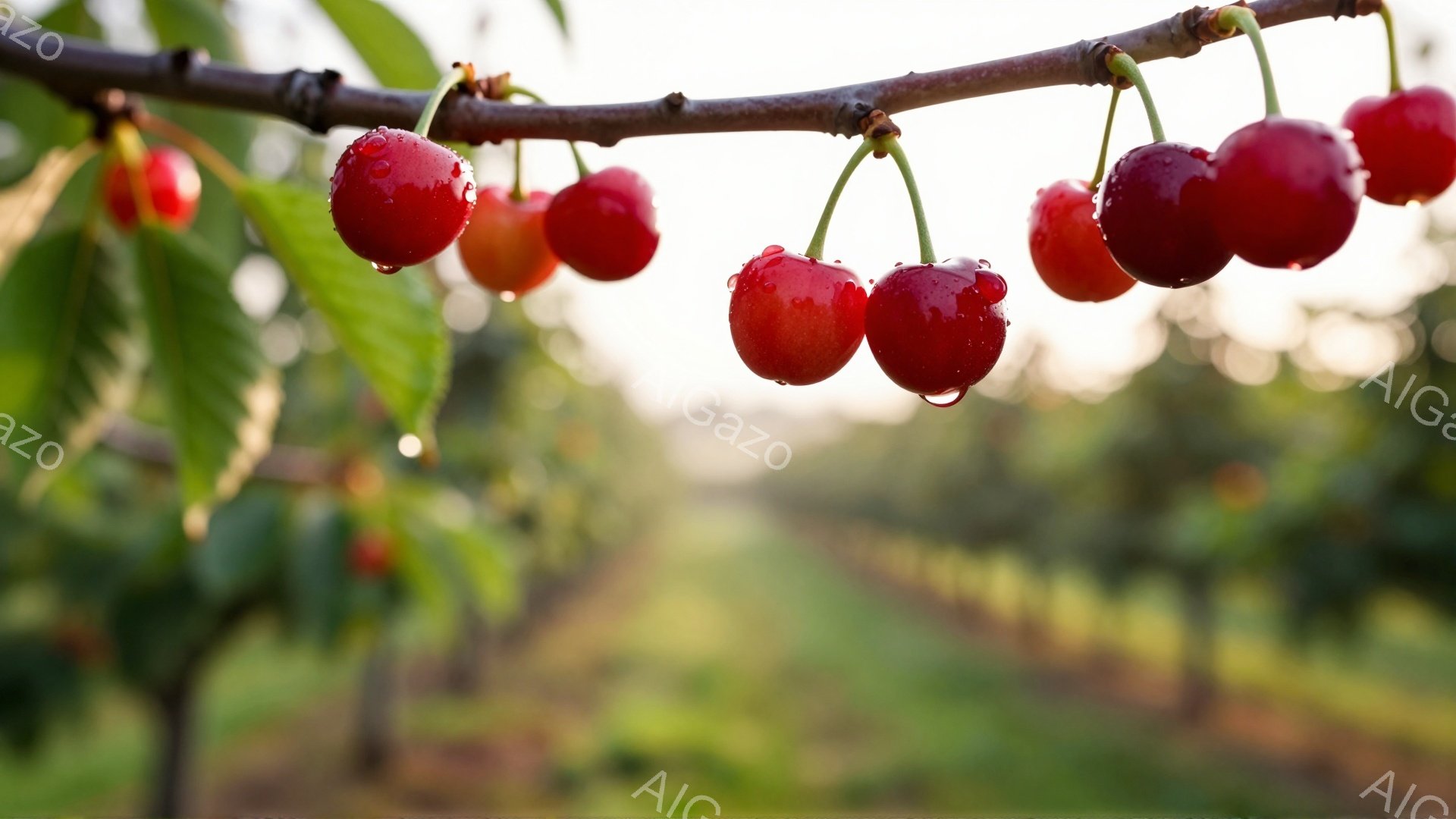 赤く熟したサクランボが枝に実り、雫が表面に光っている。背景には緑豊かな果樹園が広がり、明るい日差しが差し込んでいる。全体的に、豊穣で穏やかな雰囲気の美しい写真である。