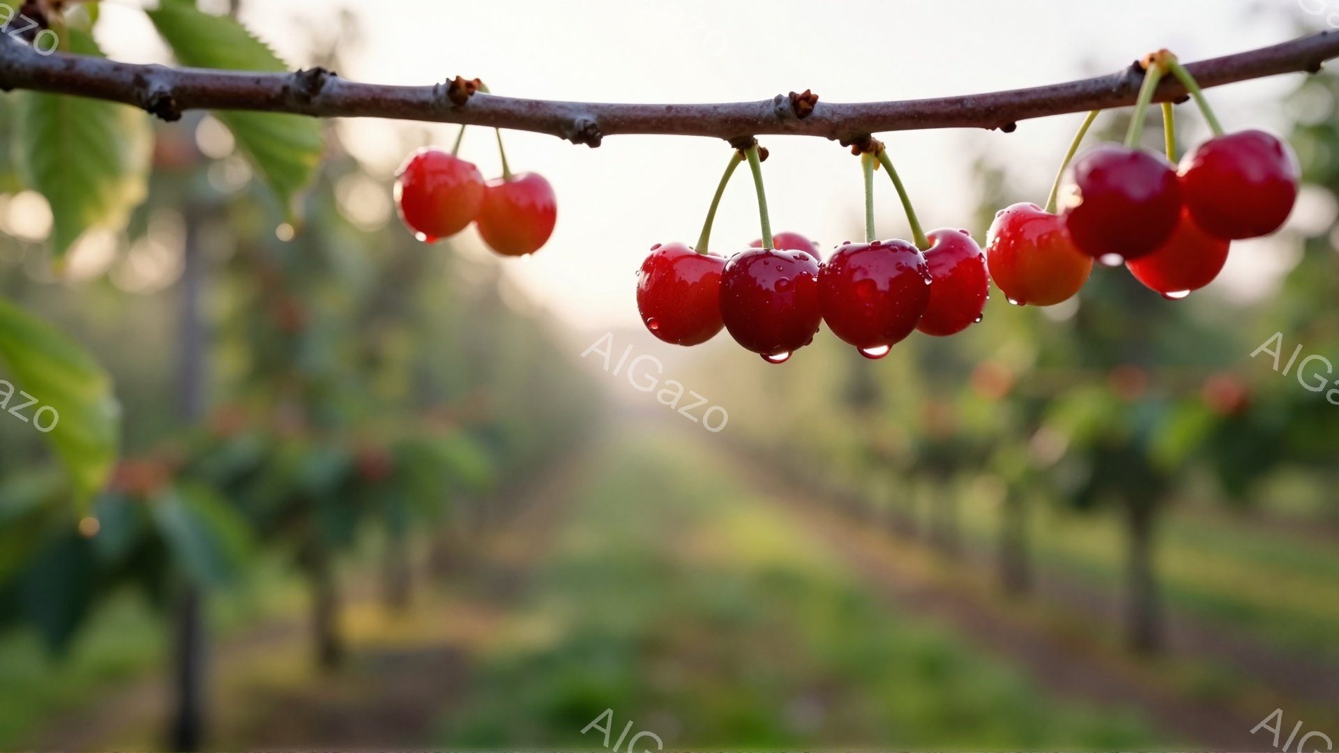鮮やかな赤いさくらんぼが枝に実り、雨粒が表面に輝いている。背景は緑豊かな木々でぼやけており、穏やかで自然な雰囲気を醸し出している。全体的に、雨上がりのさくらんぼ園の静けさと瑞々しさを捉えた美しい写真で - AI生成フリー素材