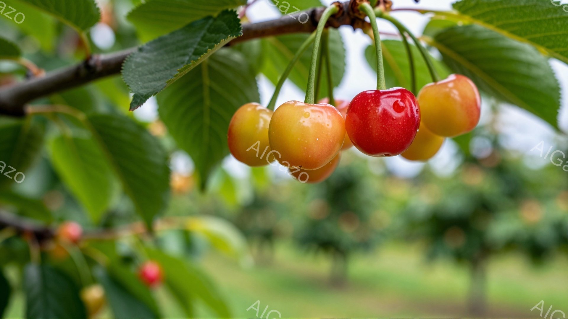 鮮やかな赤と黄色のチェリーが枝に実っています。背景には緑豊かな木々がぼやけて見え、チェリー園の一角を写しているようです。全体的に自然光が柔らかく、瑞々しい果実が印象的な、穏やかで心地よい雰囲気の画像で - AI生成フリー素材
