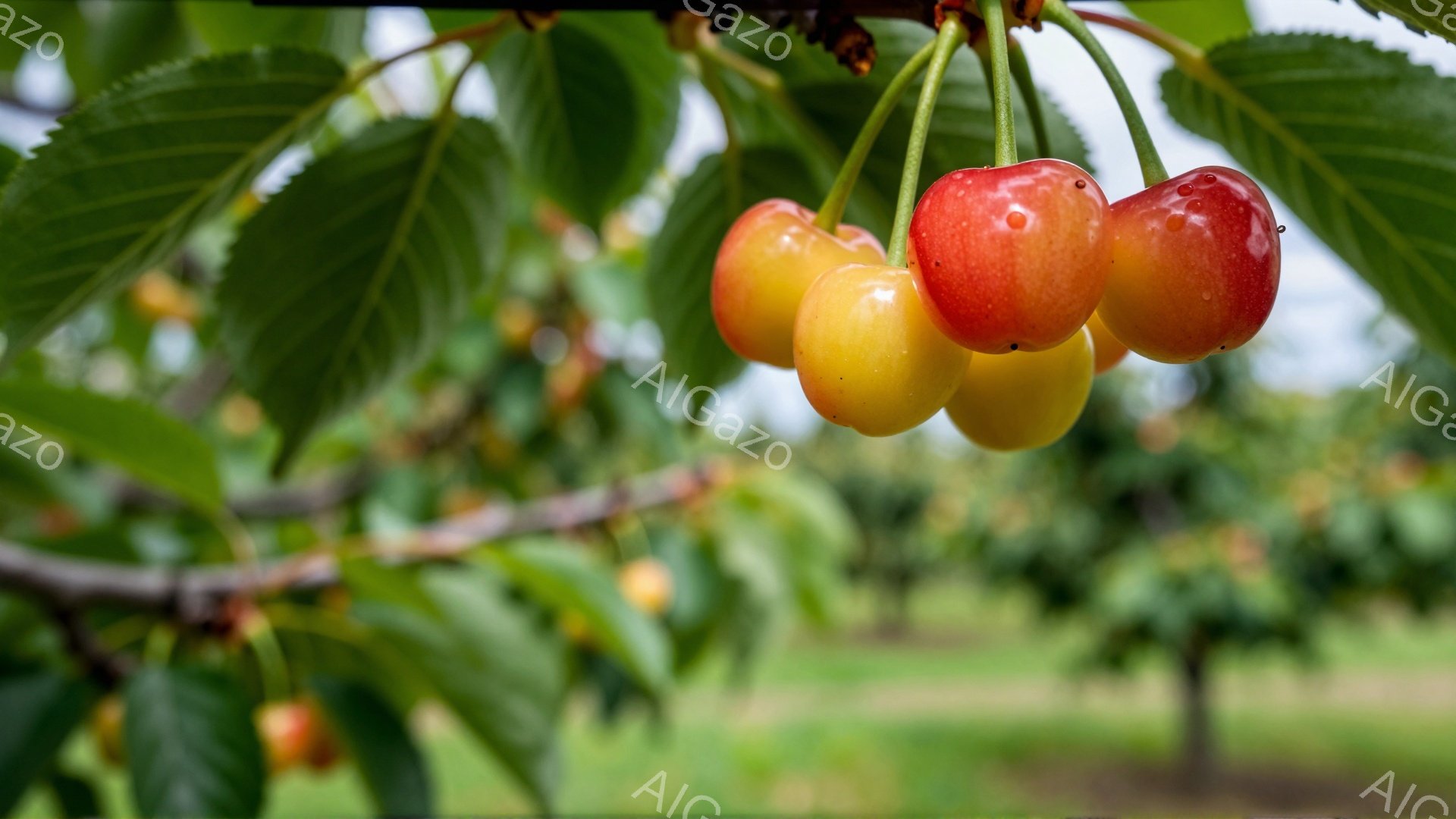 鮮やかな赤い色と黄色い色のサクランボが枝に実っています。背景には緑の葉とぼやけたサクランボの木々が広がり、晴れた日の農園の穏やかな雰囲気が感じられます。果実には水滴がついており、新鮮でみずみずしい様子 - AI生成フリー素材
