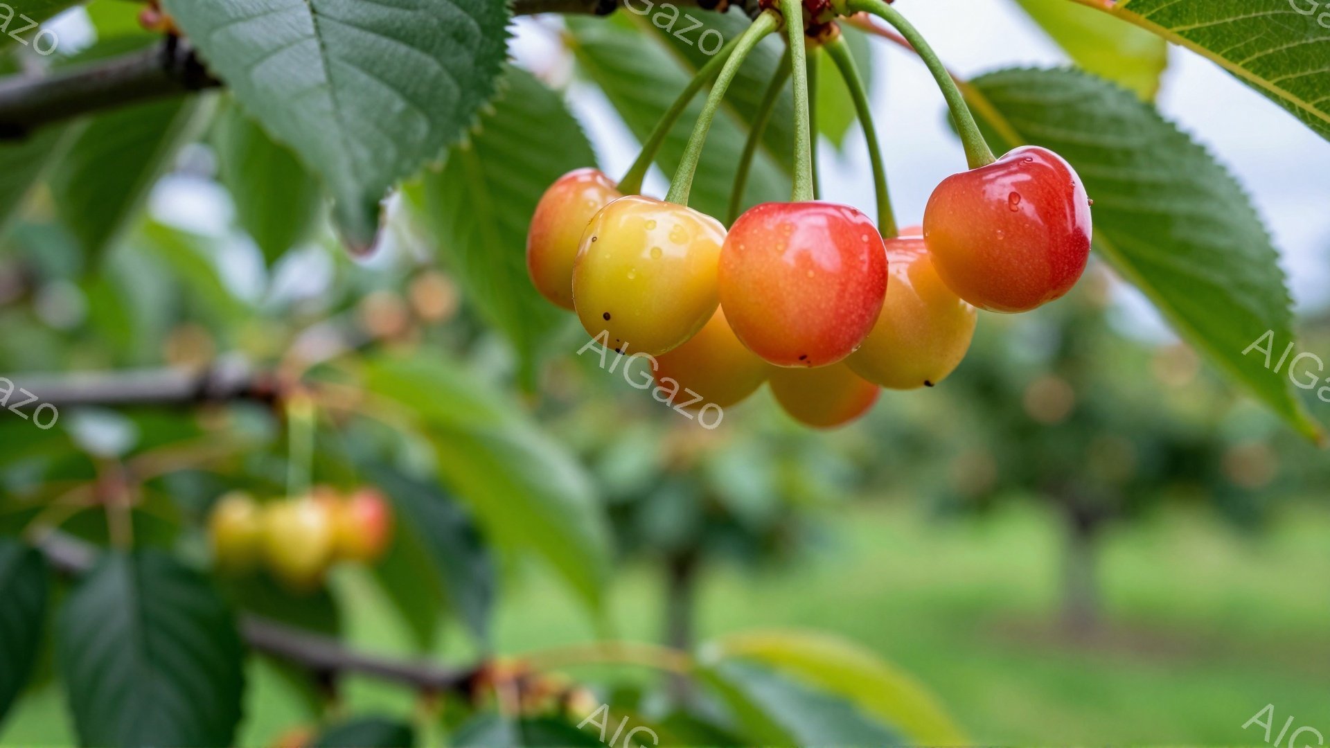 画像には、鮮やかな赤と黄色のさくらんぎが枝に実っている様子が写っています。緑色の葉が背景を彩り、背景にはぼやけた緑の風景が広がっています。全体的に明るく、自然の恵みが感じられる、爽やかな雰囲気です。