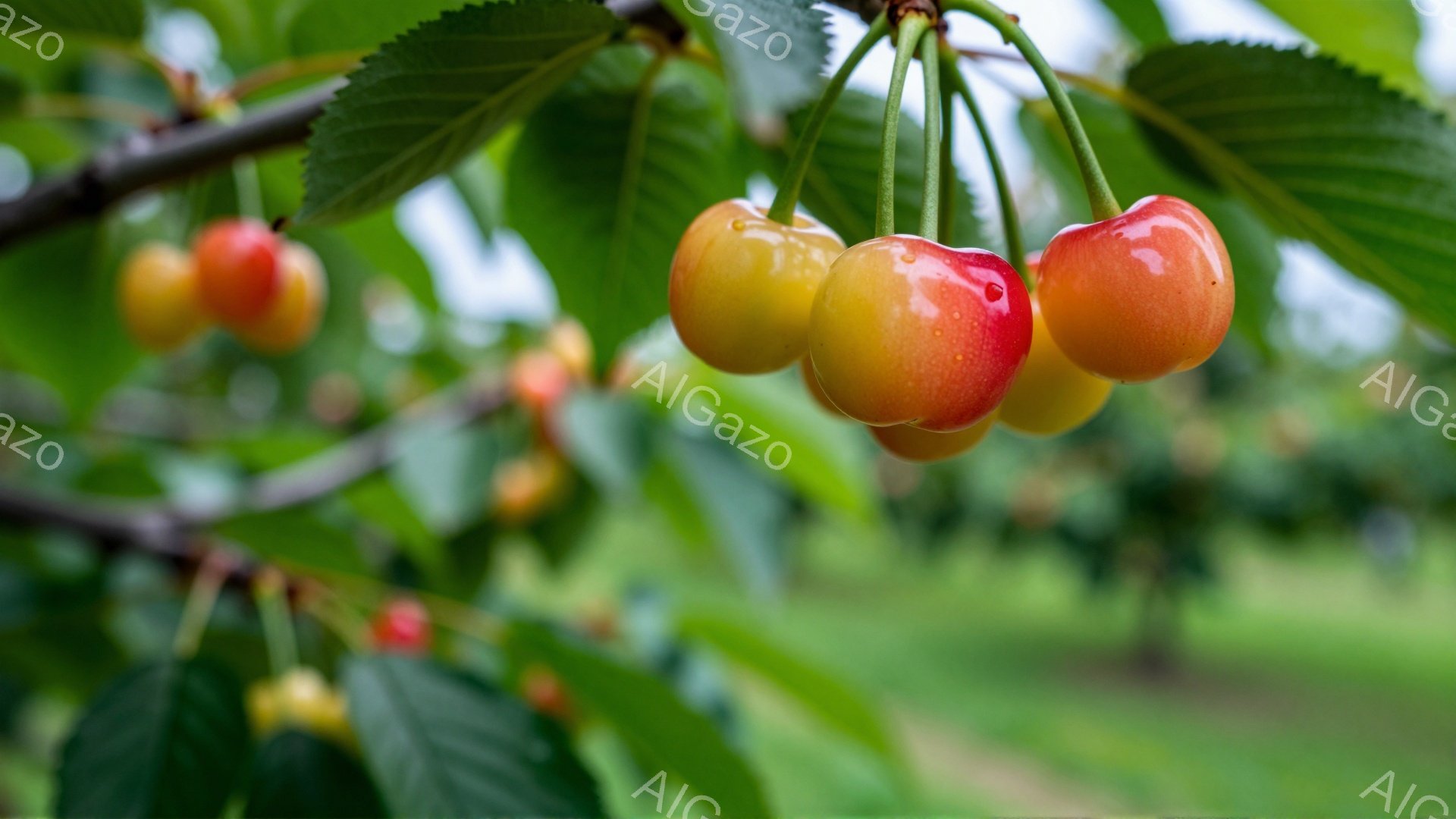 鮮やかな赤い色とオレンジ色のチェリーが、緑の葉に囲まれて枝に実っています。背景はぼやけた緑色で、チェリー園のような場所であることがわかります。全体的に、みずみずしく、自然の恵みを感じさせる雰囲気です。