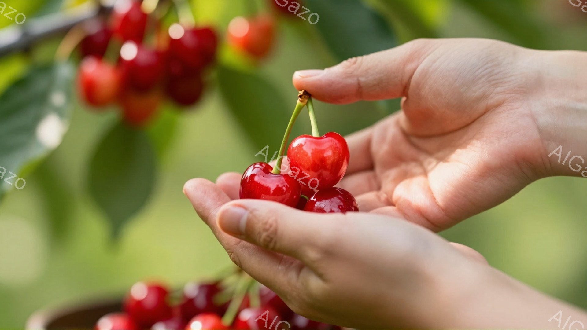 鮮やかな赤いサクランボが、手のひらの中に大切そうに抱かれている様子が捉えられています。背景には緑豊かな葉と、他のサクランボの実がぼやけて見え、自然の中で収穫されたばかりの新鮮な雰囲気が漂います。暖かく - AI生成フリー素材