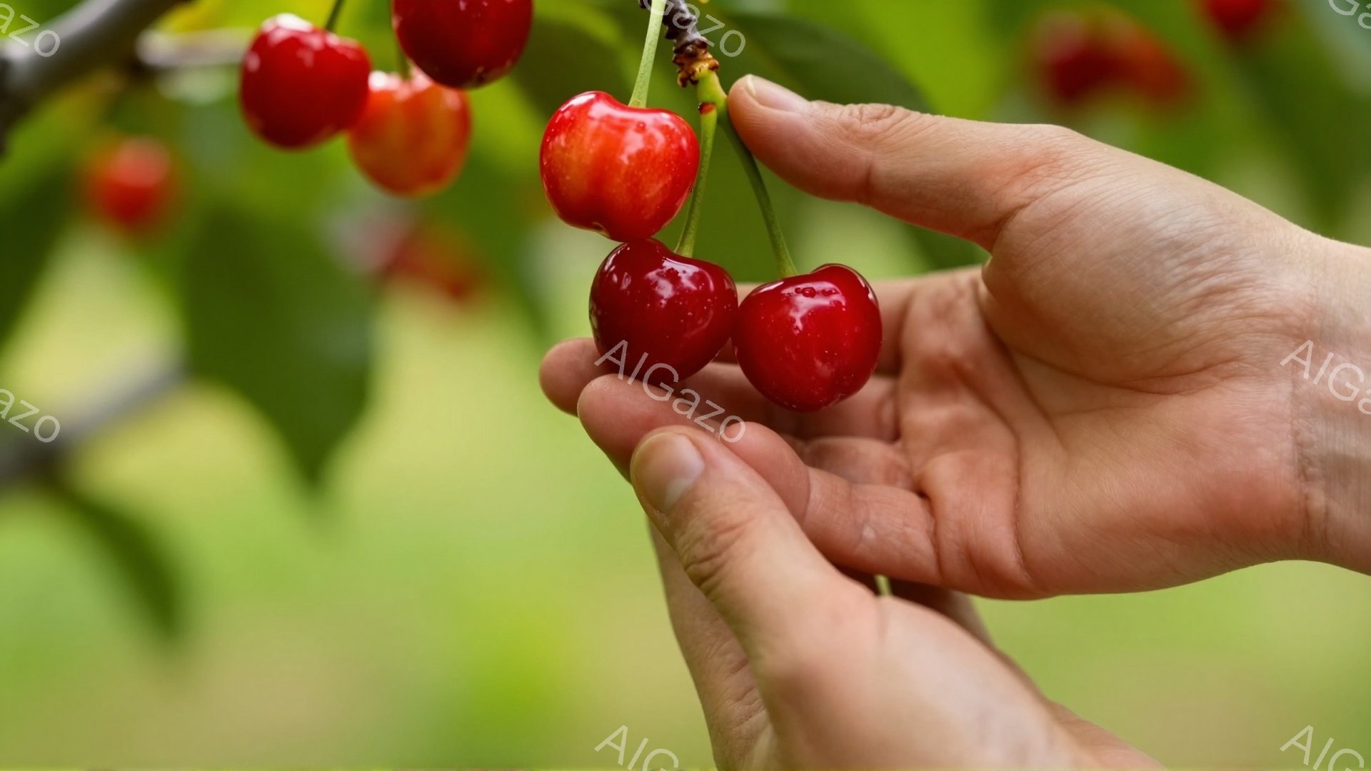 鮮やかな赤いサクランボが、緑の葉に囲まれた枝から手によって摘み取られています。手の指はサクランボを優しく支え、まるで収穫の喜びを表現しているようです。背景は柔らかい緑色で、光が差し込み、穏やかで自然な - AI生成フリー素材
