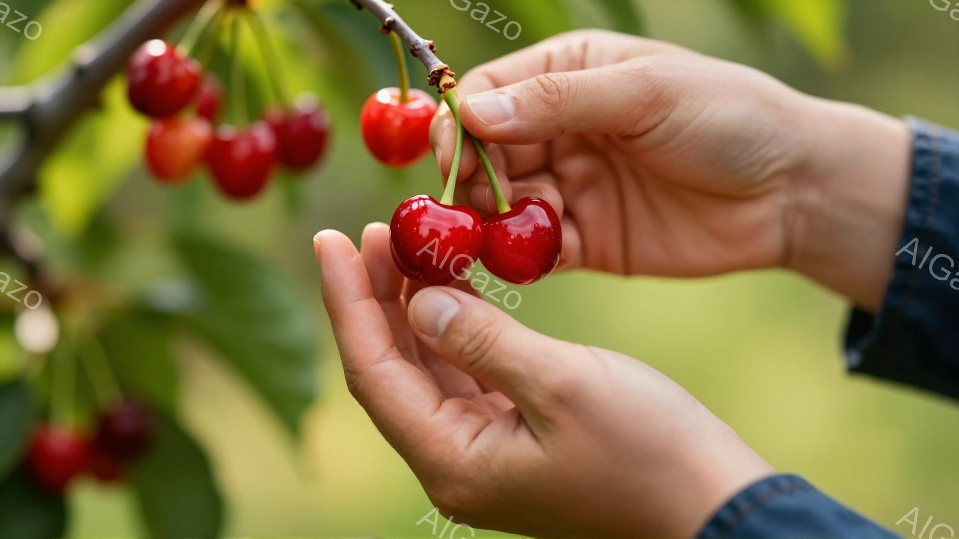 鮮やかな赤いさくらんぼが、手の中で見事に捉えられています。背景には緑の葉がぼやけており、自然の中で収穫されたばかりの様子が伺えます。全体的に暖かく、みずみずしい雰囲気が漂い、さくらんぼの美味しさが伝わ - AI生成フリー素材