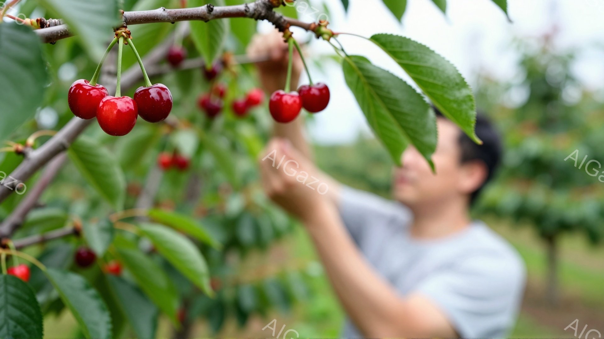 赤く熟したサクランボが枝に実っており、葉っぱに緑が鮮やかです。背景には、灰色シャツを着た男性がサクランボを収穫しようと手を伸ばしており、少しぼやけています。全体的に、明るい日差しの中でサクランボ狩りを - AI生成フリー素材