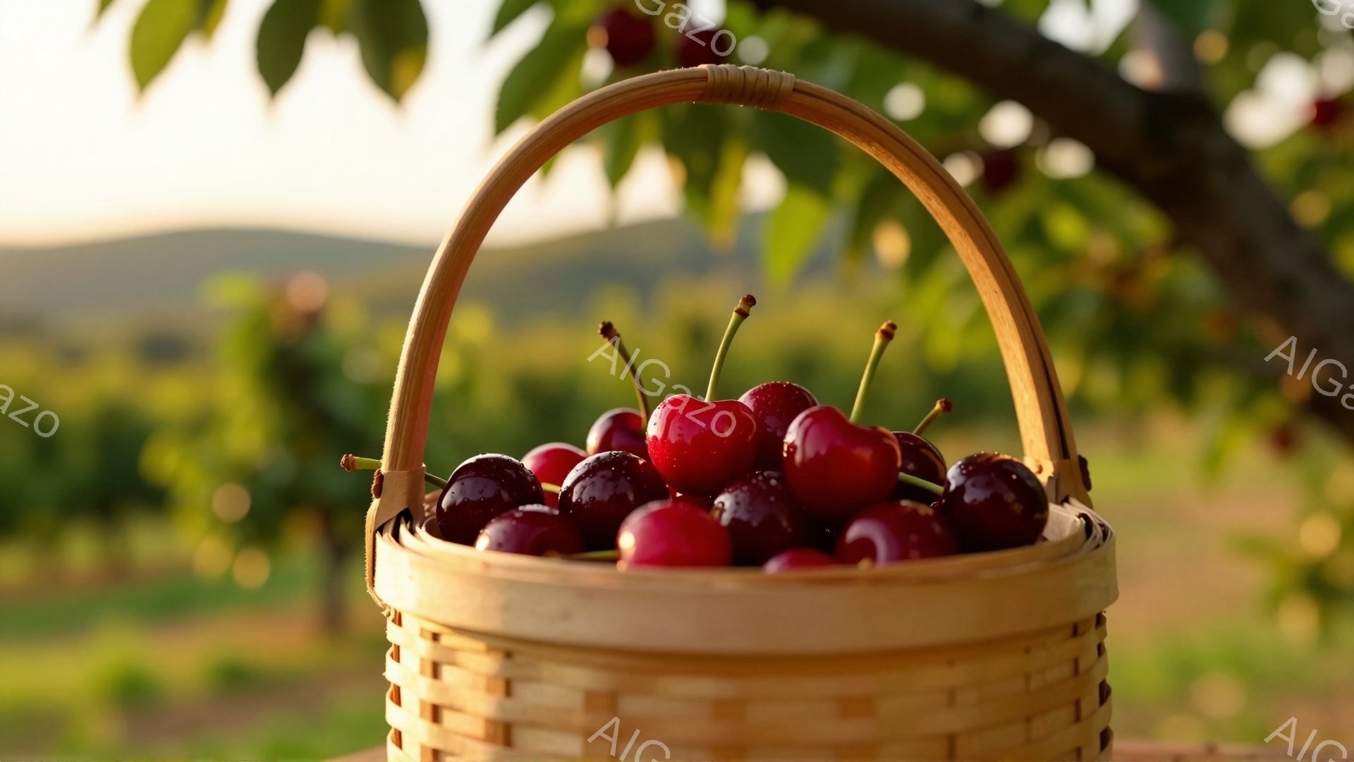 鮮やかな赤いサクランボが、手編みのバスケットいっぱいに詰まっています。背景には緑豊かな木々と遠くに見える山々が広がり、晴れた日の穏やかな風景が広がっています。全体的に、収穫の喜びや自然の恵みを感じさせる、暖かく平和な雰囲気です。