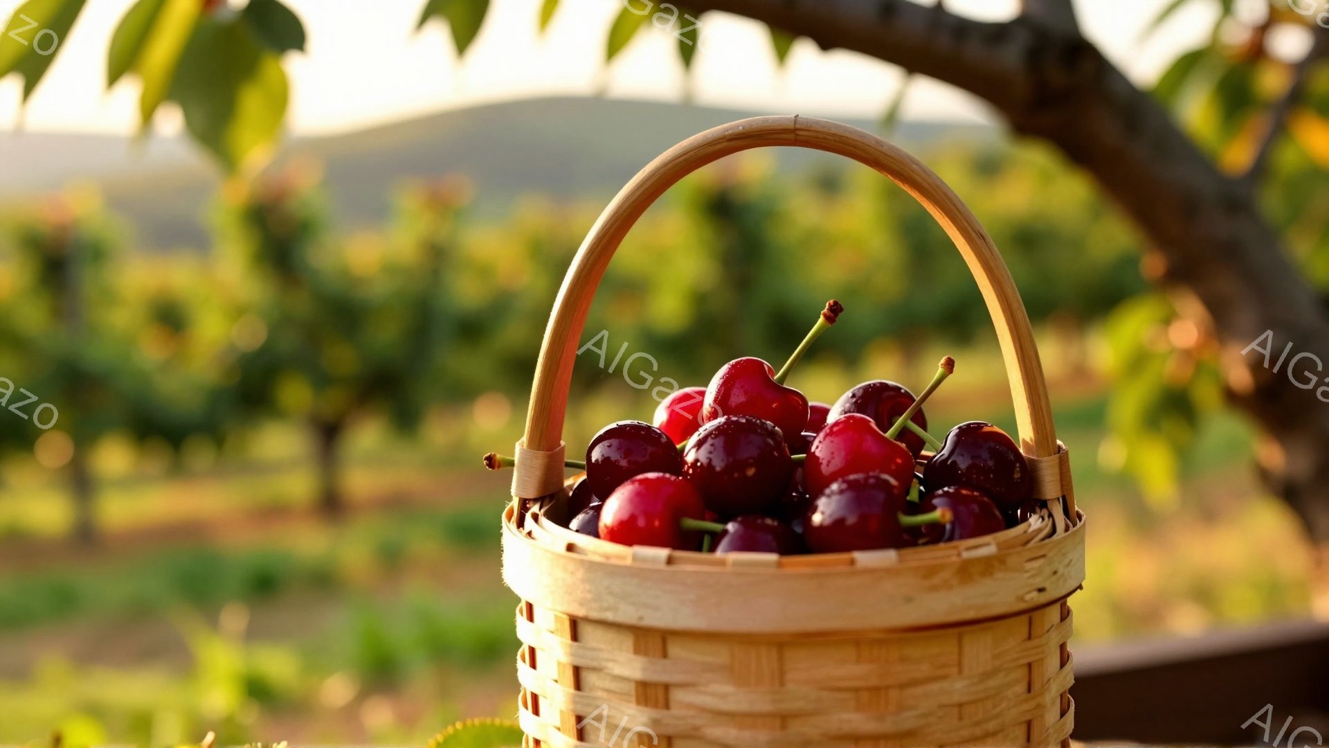 籠にたっぷりと赤いサクランボが詰まっており、雫が光っている。背景には緑豊かな果樹園が広がり、遠くにはなだらかな丘が見える穏やかな光景だ。全体的に豊穣で暖かく、夏の収穫の喜びを感じさせる。