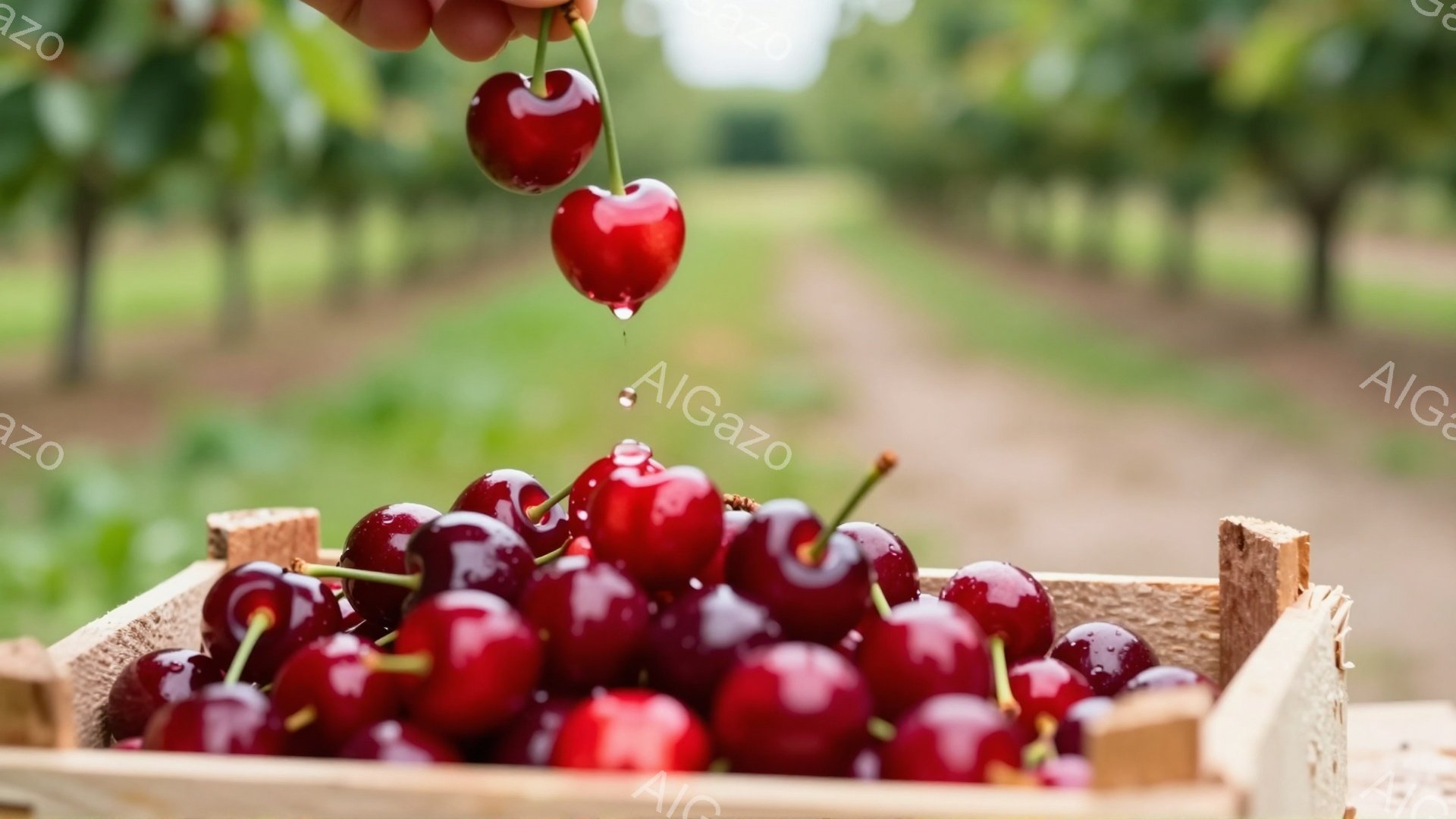 真っ赤なサクランボが木製の箱の中にたっぷりと積み重ねられています。一本のサクランボが上から垂れ下がっており、雫が光っています。背景には緑豊かな果樹園が広がり、穏やかで自然な雰囲気が漂っています。