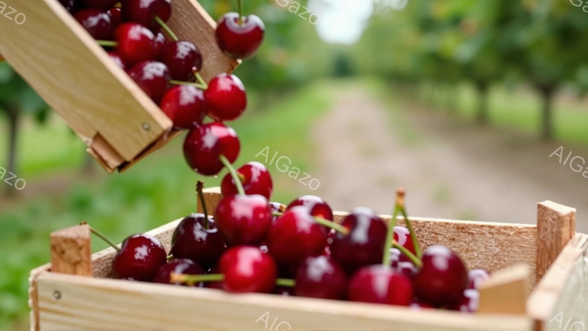 鮮やかな赤いサクランボが木製の箱から溢れ出している様子が捉えられています。背景には緑豊かな木々とぼやけた道が見え、サクランボの赤色と木製の箱の暖かさが自然の美しさを引き立てています。全体的に、収穫の喜びや自然の恵みを感じさせる、穏やかで明るい雰囲気です。