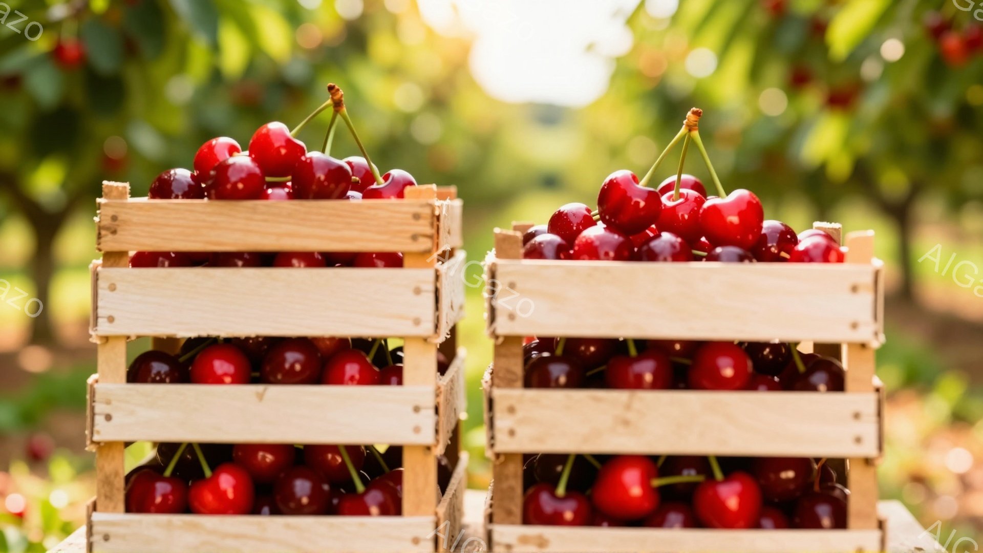 鮮やかな赤いサクランボが、木製の箱にぎっしりと詰まっています。背景には、緑豊かな葉と、ぼんやりとしたサクランボの木々が見え、日の光が差し込み、暖かく穏やかな雰囲気を醸し出しています。サクランボは新鮮で、収穫されたばかりのようであり、自然の恵みが感じられます。