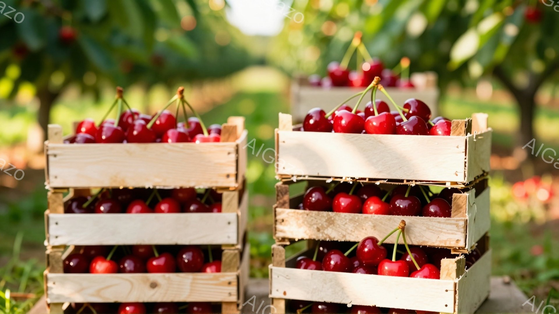 画像には、積み重ねられた木製の箱にたっぷりと入った真っ赤なサクランボが写っています。背景には緑の芝生とサクランボの木々が広がり、晴れた日の穏やかな農園の雰囲気が漂っています。サクランボは瑞々しく、収穫の喜びを感じさせる光景です。