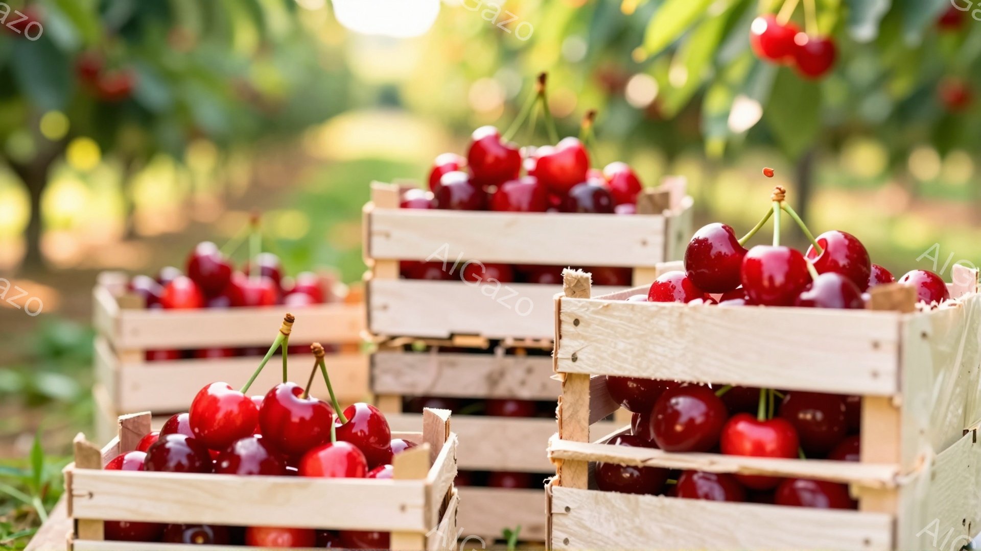 赤く熟したサクランボが、木製の箱にぎっしりと詰まっています。箱は芝生の地面に並べられており、背景には緑豊かな木々が見え、日差しが暖かく照らしています。全体的に豊穣な収穫と、のどかな田園風景を思わせる、温かく心地よい雰囲気です。
