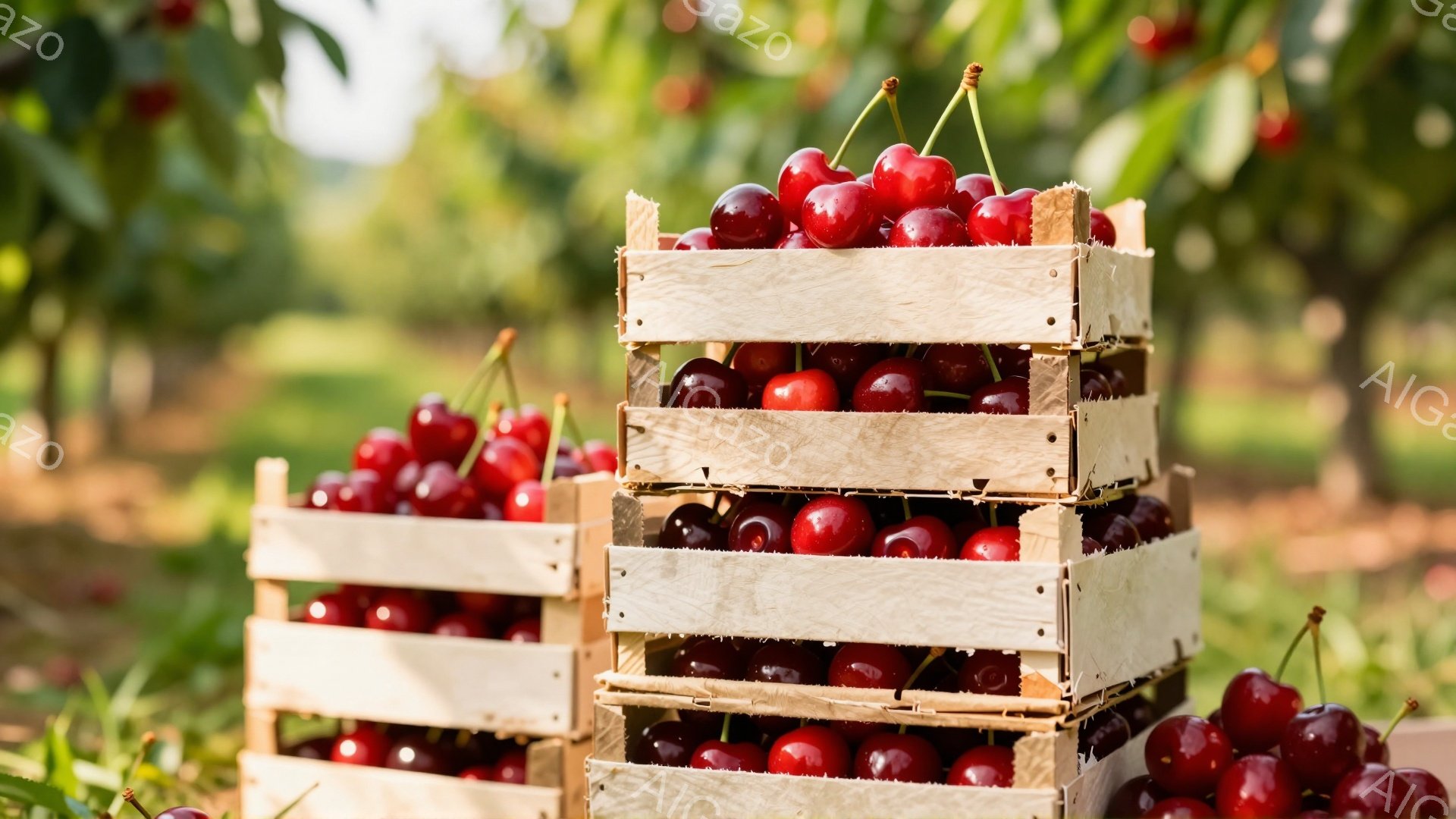 鮮やかな赤いサクランボが木製の箱に積み重ねられています。背景には緑豊かな木々や植物が見え、晴れた日の自然の中で収穫されたばかりの様子が伺えます。全体的に明るく、豊穣な雰囲気が漂っています。