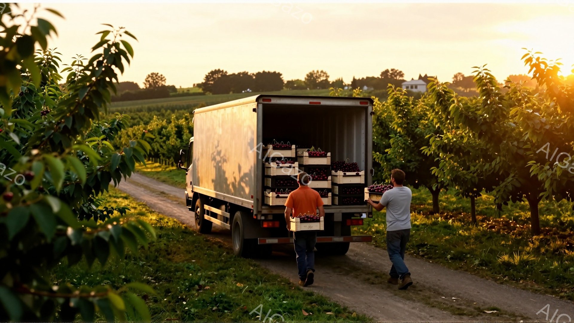 鮮やかな赤いチェリーが積み込まれたトラックの荷台に、二人の男性が背を向けて立っている。オレンジ色のシャツを着た男性と、グレーのシャツを着た男性は、チェリーの箱をトラックに運び込む作業をしているようだ。背景には、緑豊かな果樹園が広がり、夕焼けの光が暖かく降り注ぎ、穏やかで収穫の秋を感じさせる雰囲気である。