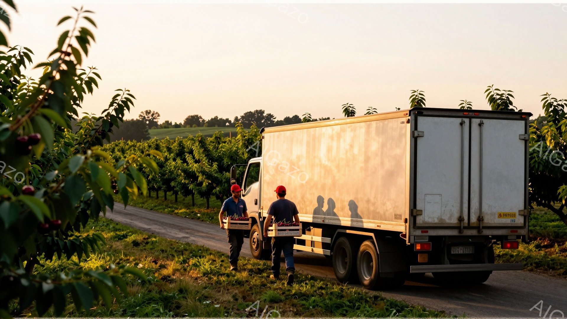 太陽が沈む夕暮れ時、果樹園の道に白いトラックが止まっている。作業員と思われる男性たちがトラックの荷台に段ボール箱を積み込んでいる様子で、皆、作業着と帽子を着用し、影が長く伸びている。背景には整然と並んだ果樹が広がり、穏やかで静かな雰囲気が漂っている。