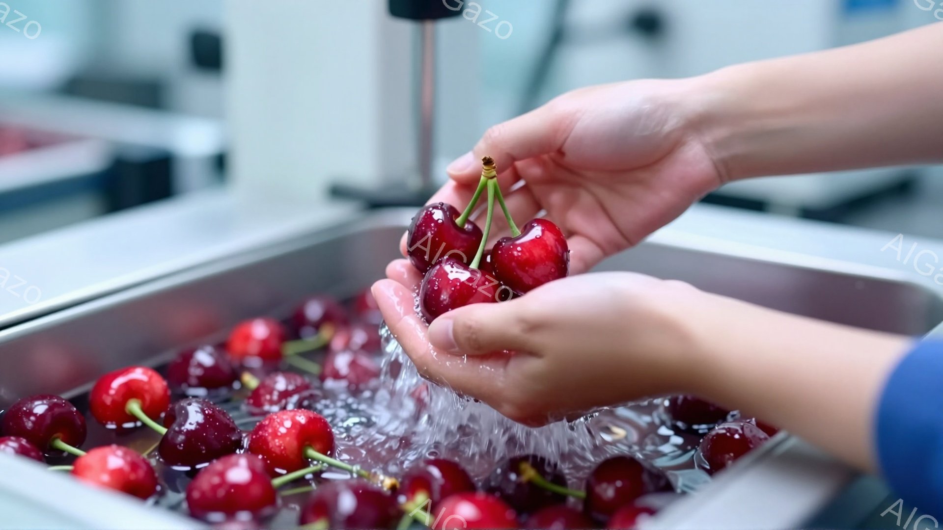 鮮やかな赤いさくらんぼが水中で洗い流されています。手は水中に浸かり、さくらんぼを優しく握り、水流で清浄化しています。背景はステンレス製のシンクで、商業的な食品加工施設のような無菌的な環境を示唆しています。