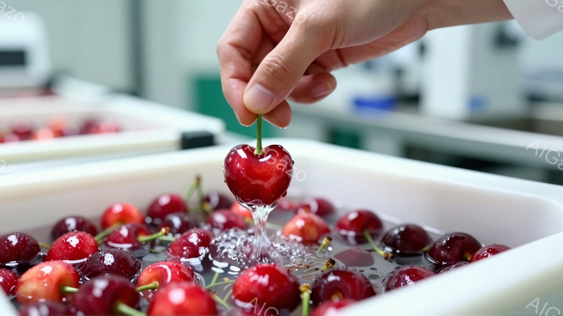 赤く艶やかなサクランボが水中で撮影されており、一つが女性の手によって掴まれている様子が捉えられています。背景には、他のサクランボが並んだ白い容器が見え、全体的に清潔で明るい雰囲気です。手には白い手袋が着用されており、サクランボの選別や洗浄作業が行われている様子が伺えます。