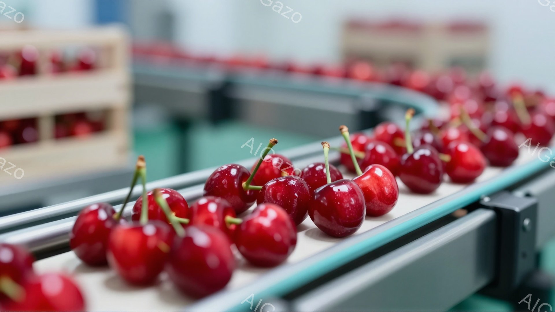 鮮やかな赤いさくらんぼが、金属製のコンベアベルトの上を整然と並んで流れています。背景には、さくらんぼを詰めた段ボール箱が積み重ねられており、食品加工工場のような、清潔で明るい室内であることが伺えます。全体的に、収穫されたばかりのさくらんぼを丁寧に処理している様子を表しています。