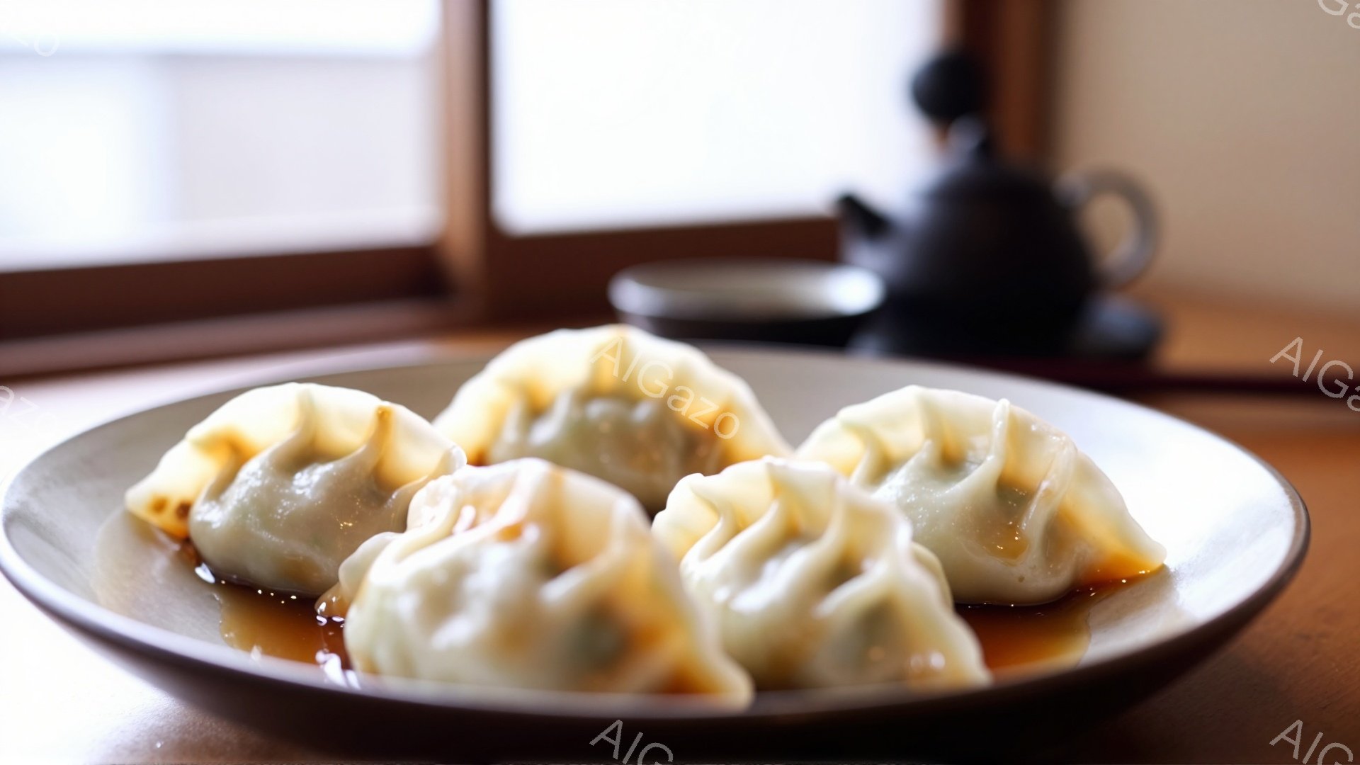 湯気が立ち上る焼き餃子が、少し濃い色の皿に並べられています。背景には、ぼんやりと茶色の陶器の急須が見え、窓から差し込む光が穏やかな雰囲気を醸し出しています。餃子と皿の色合いが、全体的に落ち着いた和の空間を思わせます。