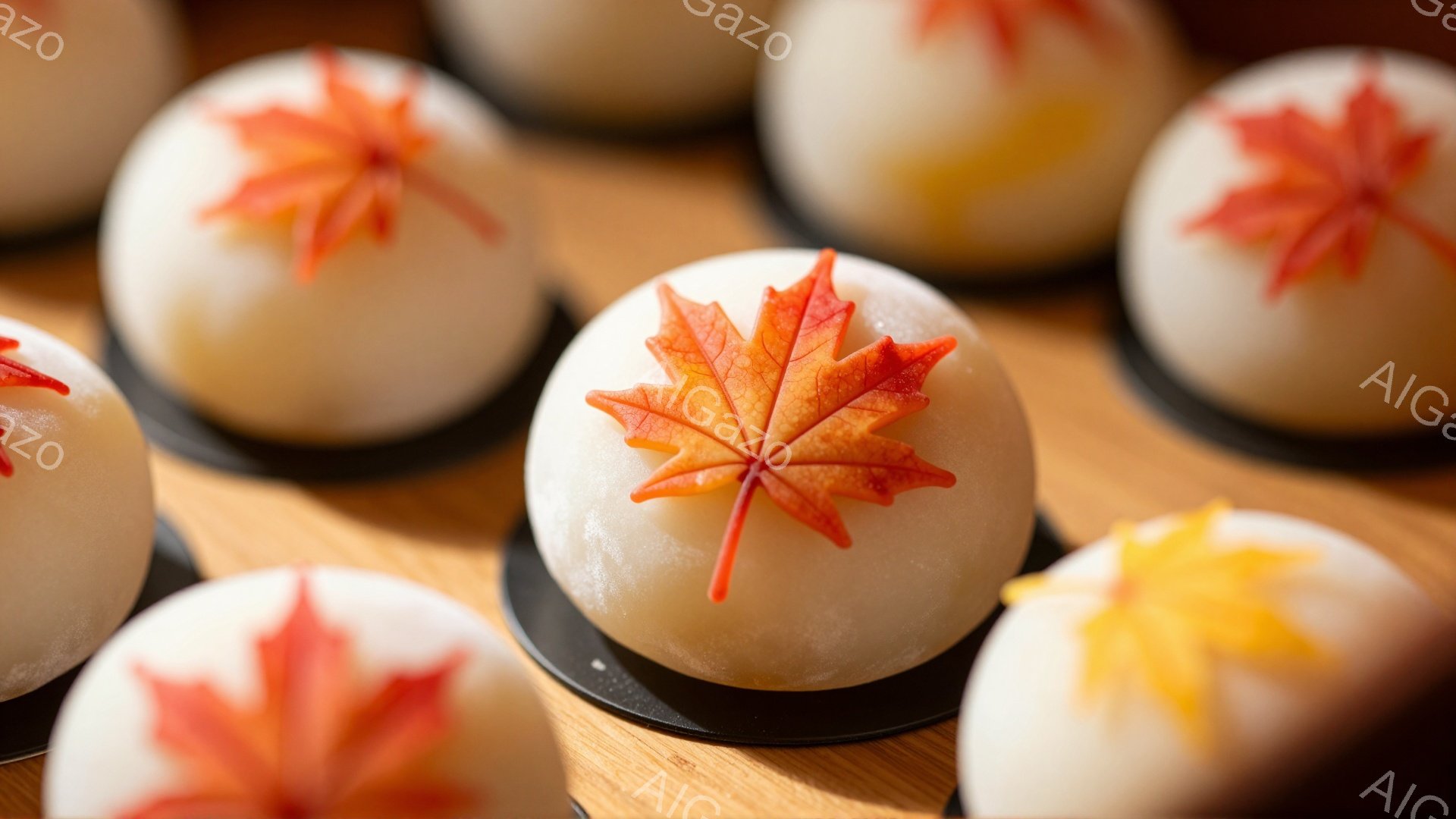 白くて丸いお菓子が、竹製の台の上に並べられています。それぞれの菓子には、赤や黄色の可愛らしいカエデの葉が飾られており、秋の訪れを感じさせます。背景は暖色系の木目調で、全体的に落ち着いた、温かい雰囲気が漂っています。
