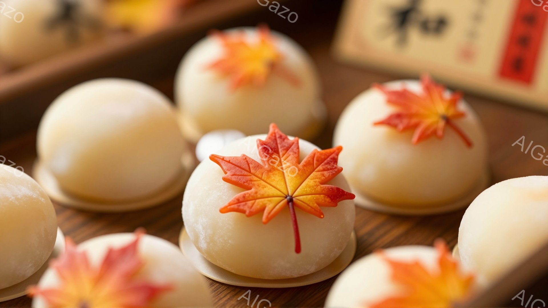 鮮やかな秋の風景を思わせる、可愛らしい水引団子たちが並んでいます。白く柔らかい団子の上には、赤やオレンジ色の紅葉の葉が飾られ、上品な雰囲気を醸し出しています。背景には木製の台と、かすかに見える書道のような文字が描かれたものが配置され、落ち着いた秋の食卓を思わせます。