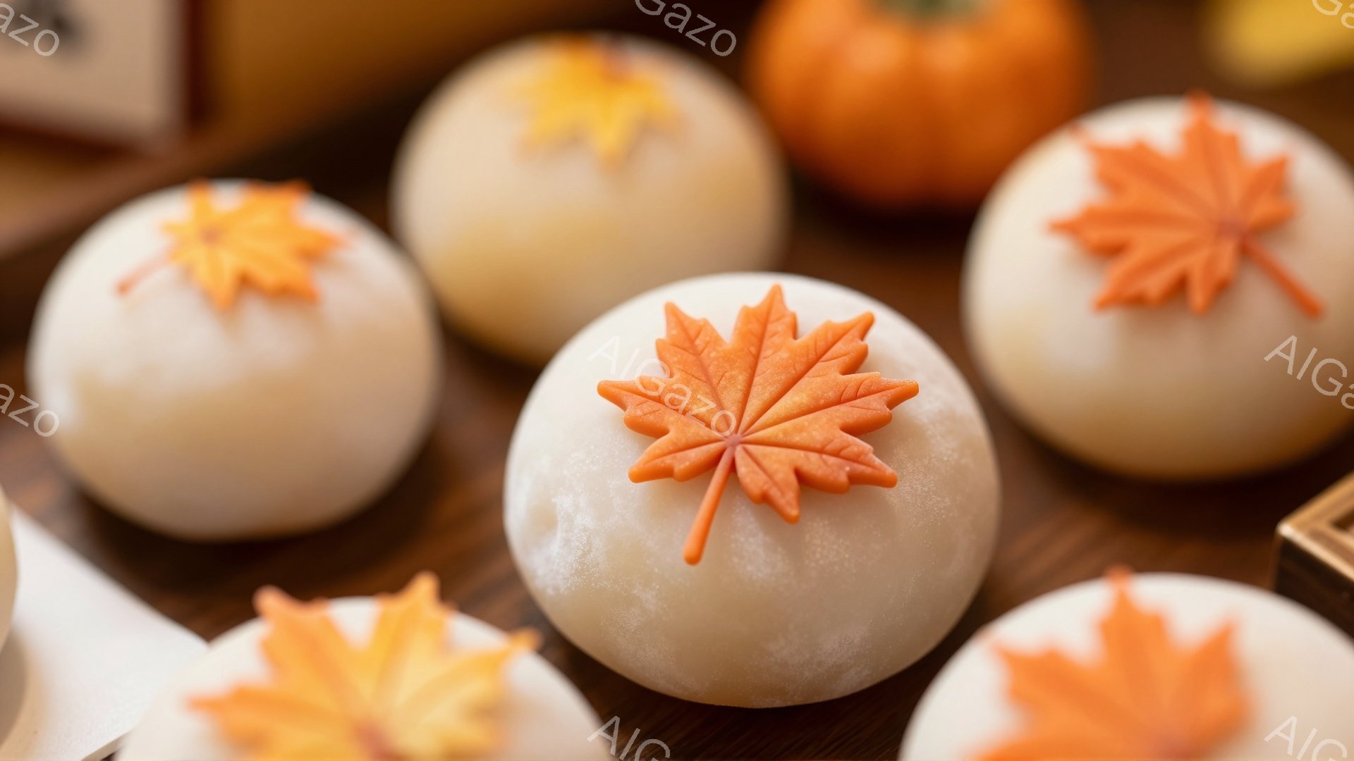 白くて丸い和菓子がいくつか、それぞれにオレンジ色の紅葉の模様が乗せられています。背景は木目調の茶色いテーブルで、全体的に秋の訪れを感じさせる温かく穏やかな雰囲気です。和菓子の滑らかな質感と鮮やかな紅葉 - AI生成フリー素材