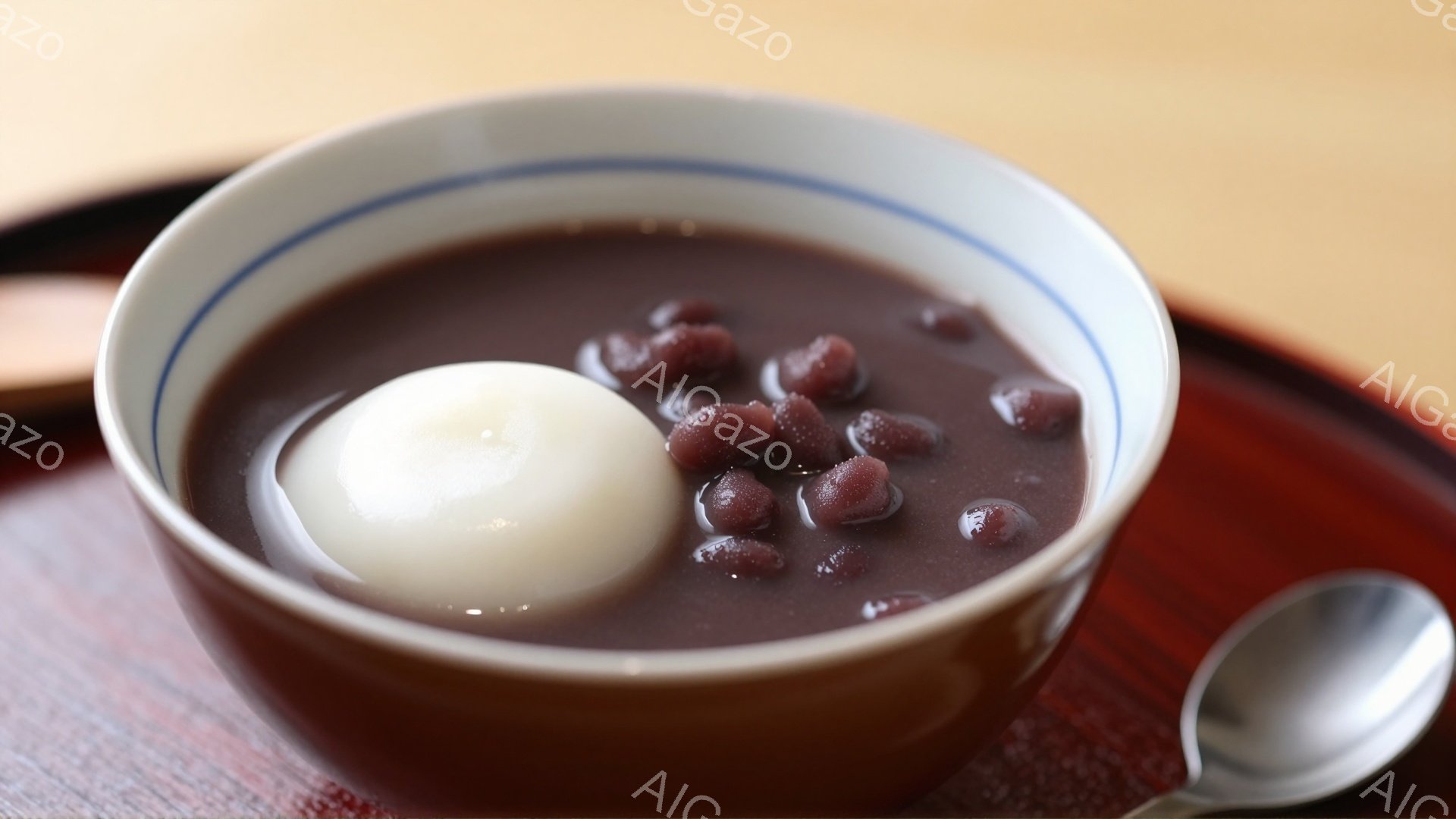 浅い茶色の器に、白くて丸いお餅が浮かび、その周りには小豆が散りばめられています。器は赤茶色のトレーの上に置かれており、近くには銀色のスプーンが添えられています。全体的に、温かく落ち着いた雰囲気で、和菓子を味わう静かな時間を感じさせます。