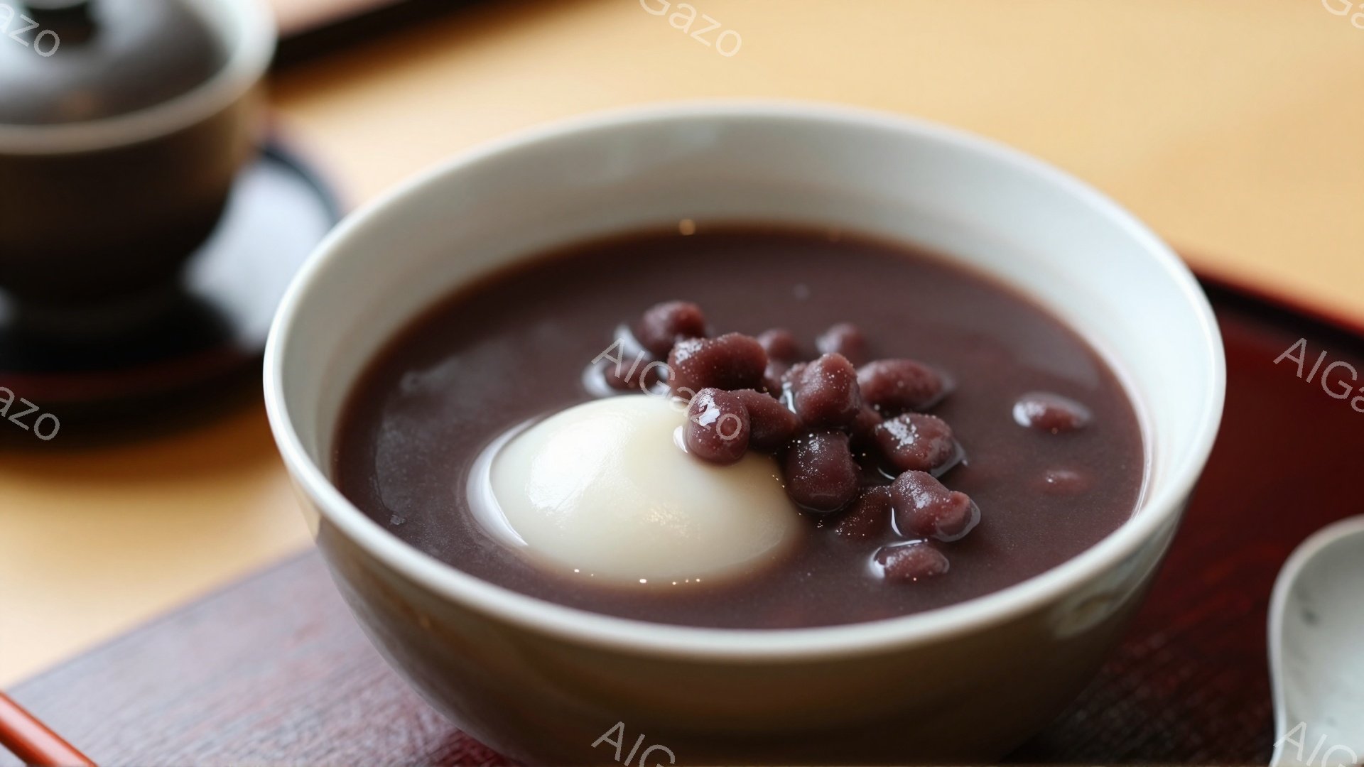 白玉が赤豆の餡で覆われた茶碗が、木製の盆の上に置かれている。茶碗の背景には、茶色の陶器が見え、全体的に落ち着いた和の雰囲気を感じさせる。餡は光沢があり、白玉とのコントラストが食欲をそそる。