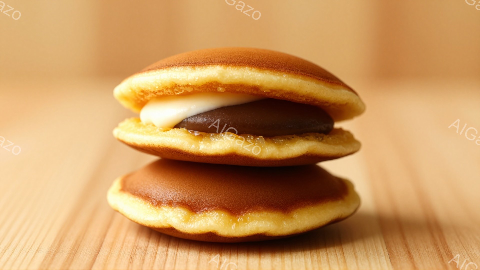 表面に美しい焼き色がつき、丸い形をしたたい焼きが3つ重なっています。中身は、白っぽいクリームと、濃い茶色の餡のようです。背景は木目調のテーブルで、全体的に温かみのある雰囲気です。