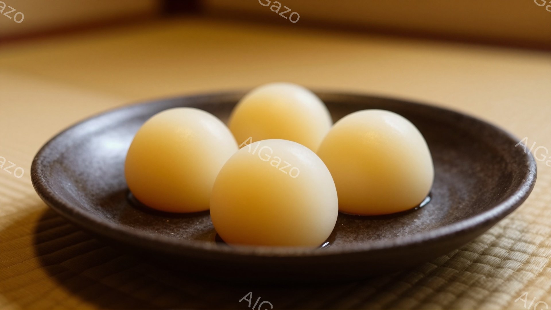 浅黄色の団子を四つ、焦げ茶色の皿に乗せた写真です。背景には畳の模様が見え、日本の伝統的な雰囲気が漂います。光の当たり具合から、柔らかく上品な印象を受ける料理の写真です。 - AI生成フリー素材