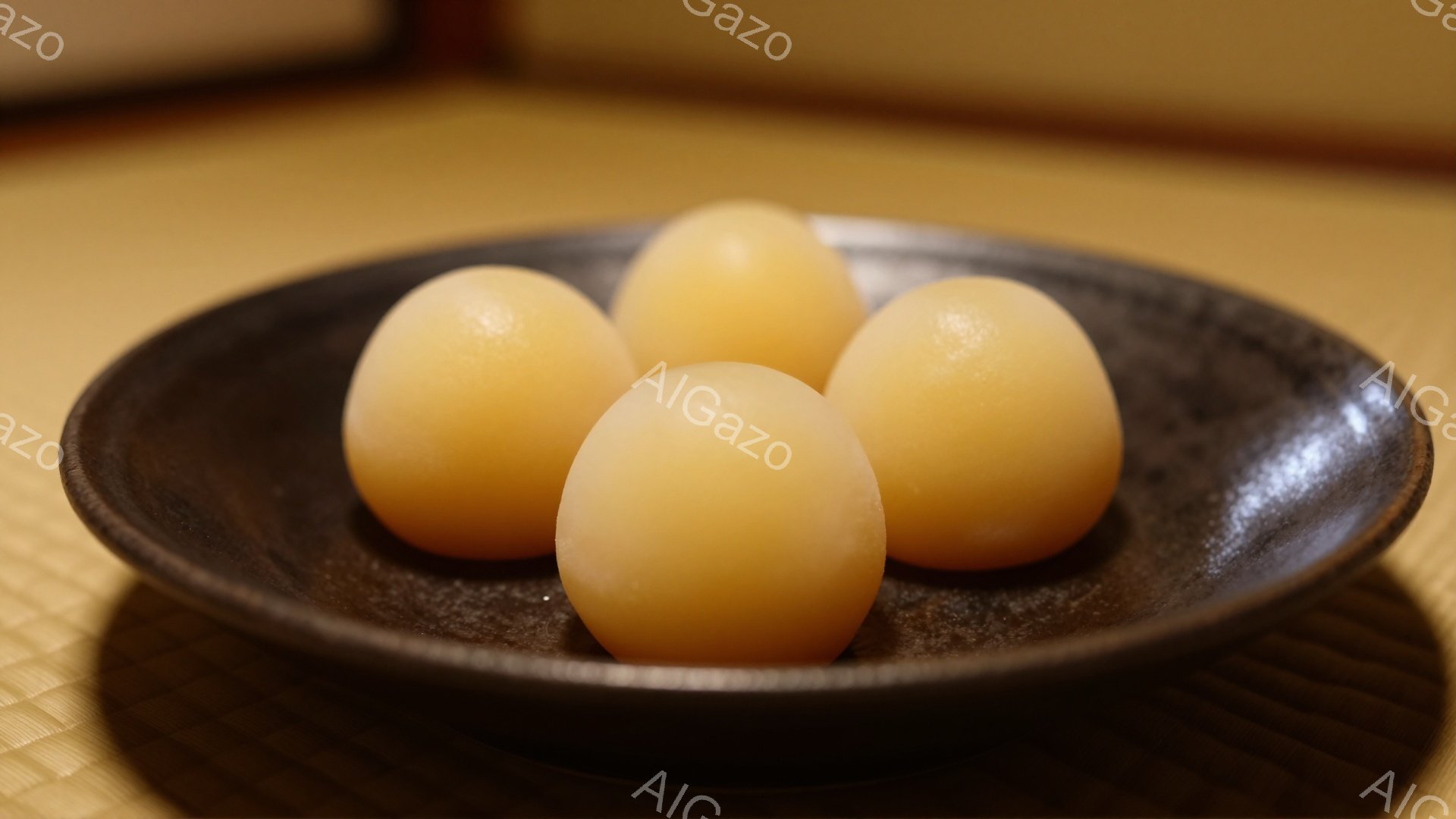 画像には、焦げ茶色の皿の上に、つるりとした団子のようなものが四つ並んでいる。背景は畳の床で、暖かく落ち着いた雰囲気を感じさせる。団子はほんのりとした光沢があり、柔らかく上品な印象を与える。 - AI生成フリー素材