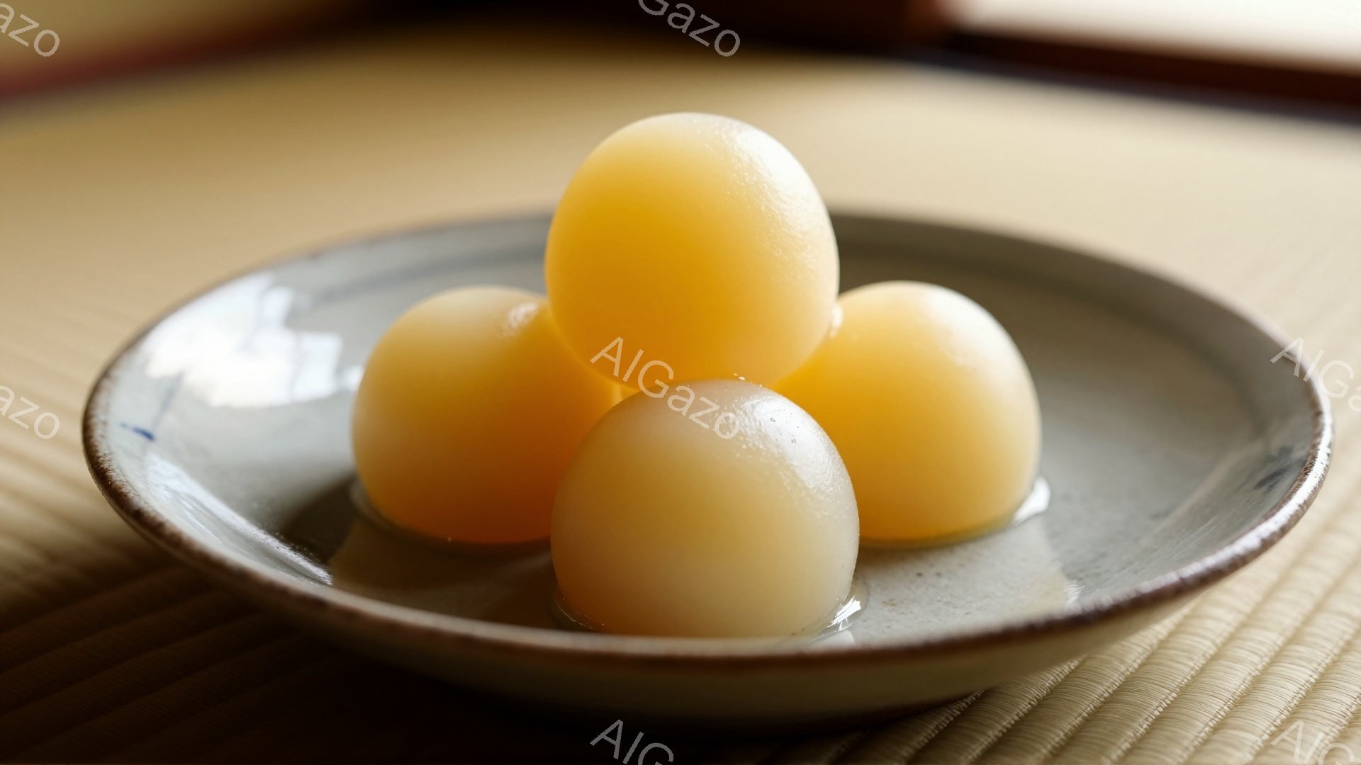 浅い灰色の皿に、つるりとした表面の黄色い団子が四つ並んでいる。団子は半透明で、照りがあり、シロップのような液体に浸っているように見える。背景には畳の模様が見え、和風で落ち着いた雰囲気を醸し出している。 - AI生成フリー素材