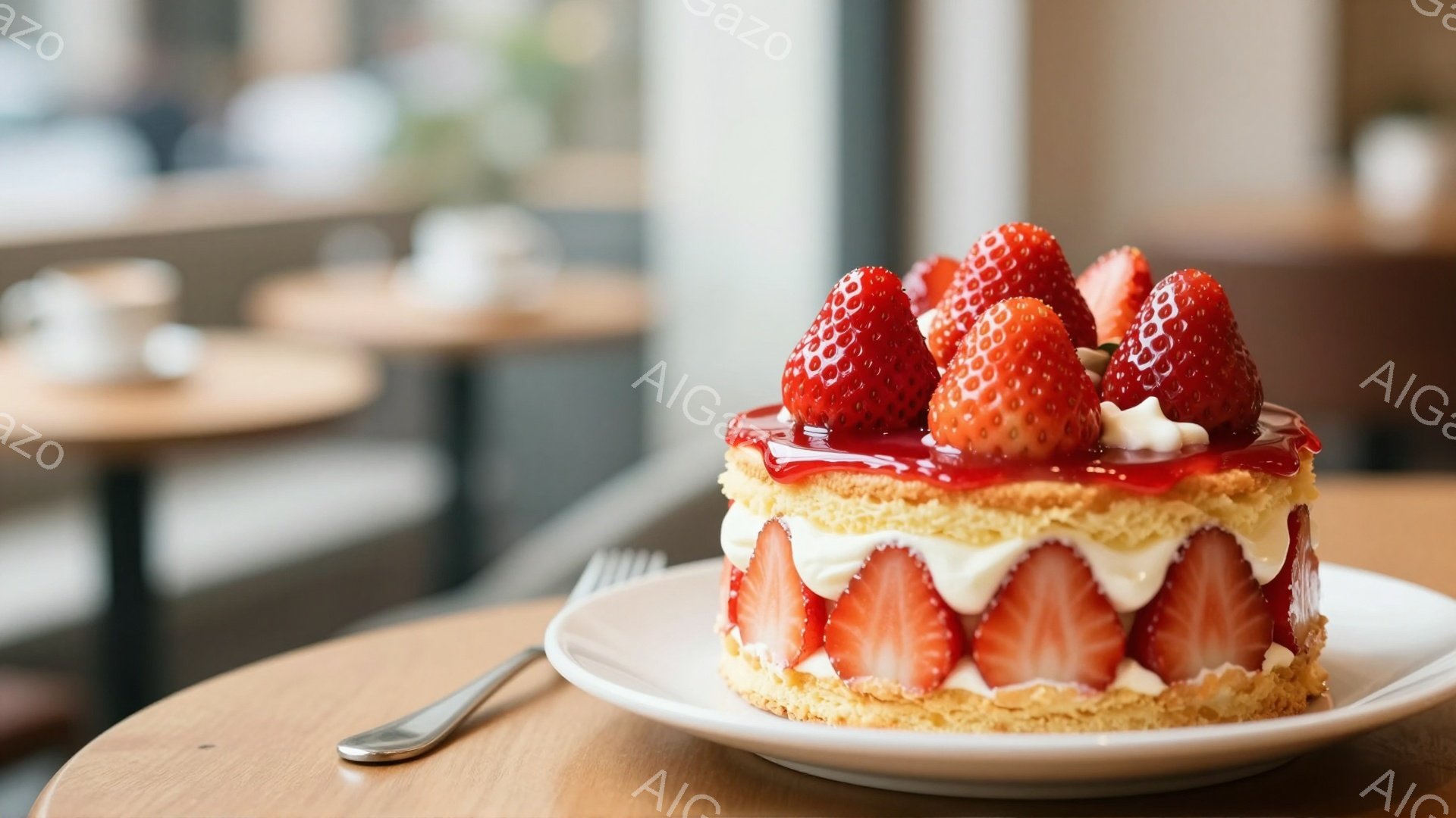 鮮やかな赤色のいちごがたっぷり飾られたショートケーキが、白い皿に乗せられています。ケーキはスポンジ生地にクリームが挟まれ、表面はいちごの赤とクリームの白のコントラストが美しいです。背景にはぼやけたテー - AI生成フリー素材