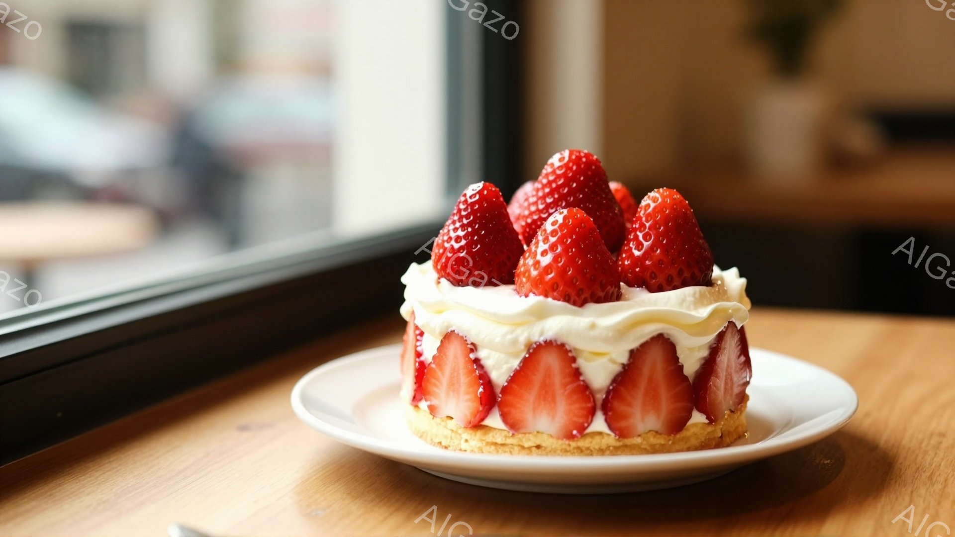 鮮やかな赤いイチゴがたっぷりと飾られた、丸いショートケーキが白い皿に乗っています。ケーキの側面にはイチゴが並び、クリームがたっぷり塗られています。背景には窓枠が見え、木製のテーブルの上に置かれたケーキは、明るく美味しそうな雰囲気を醸し出しています。