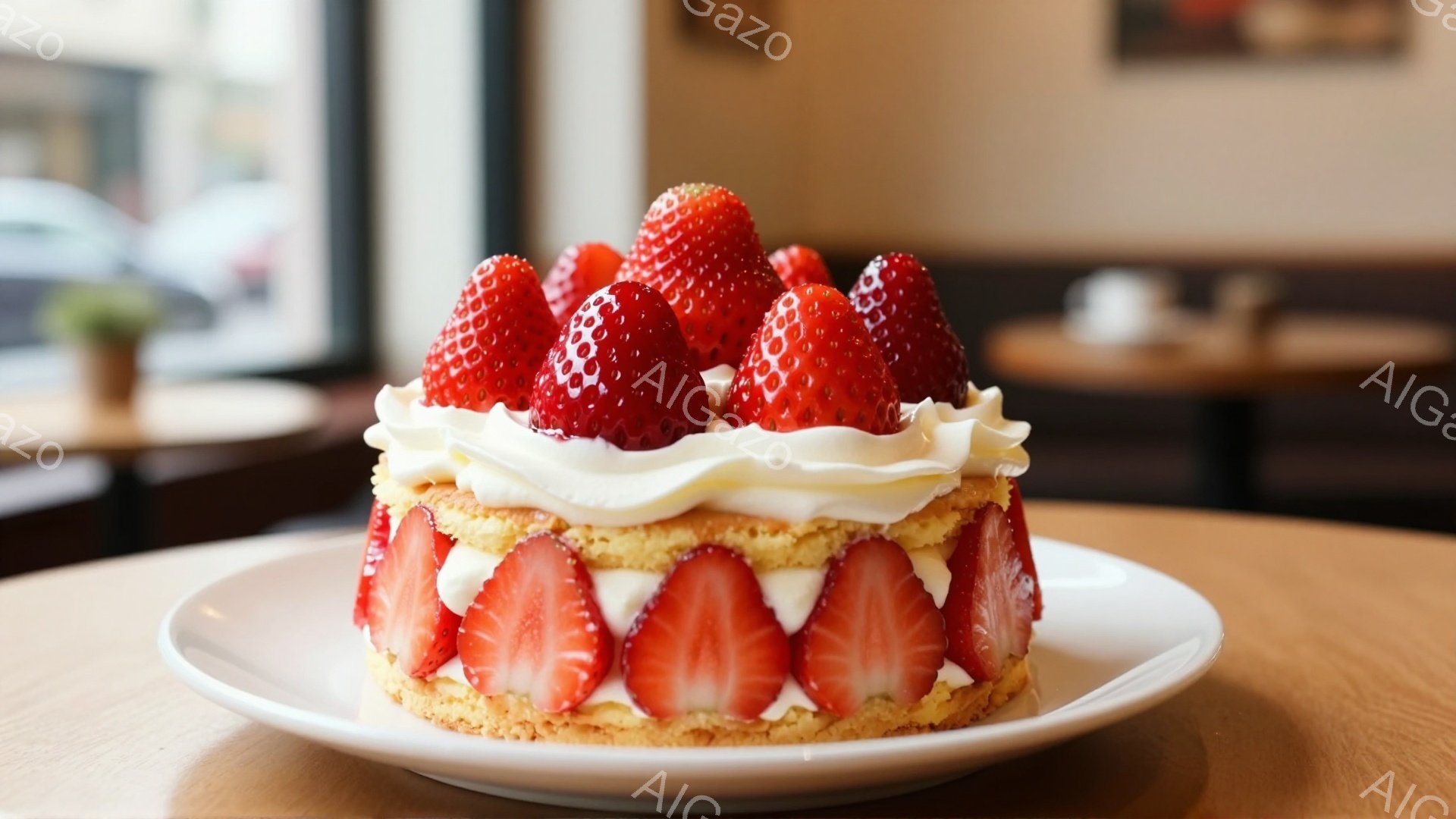 白い皿の上に、イチゴをたっぷり使った美しいケーキが置かれています。ケーキは、サクサクのスポンジ生地で囲まれ、その間にふんわりとしたクリームと、真っ赤なイチゴが隙間なく並んでいます。背景にはぼやけたカフ - AI生成フリー素材
