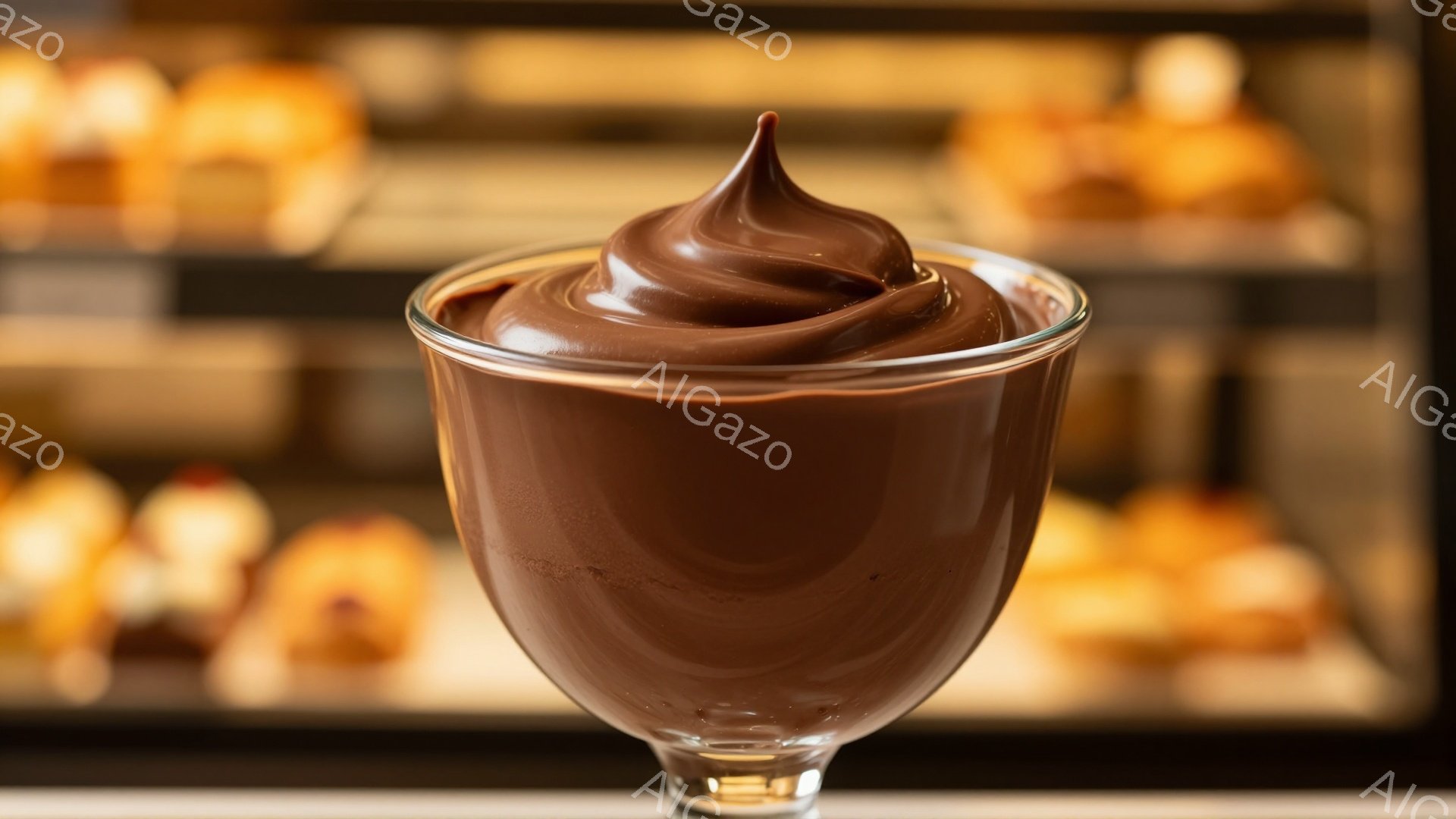 ガラスの器の中に、なめらかで光沢のあるチョコレートムースが盛り付けられています。背景には、焼き菓子が並んだショーケースがぼやけており、カフェやペストリーショップのような場所であることがわかります。全体的に温かみのある照明と、デザートの甘い香りが感じられる雰囲気です。