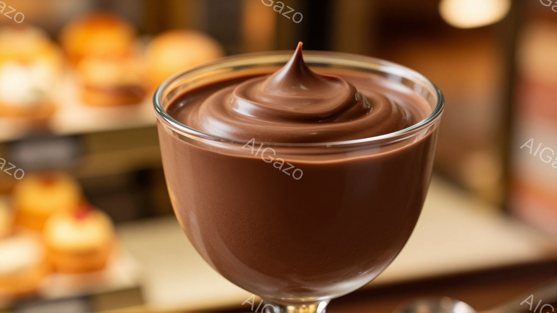 濃い茶色の滑らかなクリームが、足の付いたガラスの器に盛り付けられています。背景には、ぼやけた焼き菓子の列が見え、暖かく甘い雰囲気を醸し出しています。クリームの表面は高く盛り上がり、食欲をそそる見た目で - AI生成フリー素材