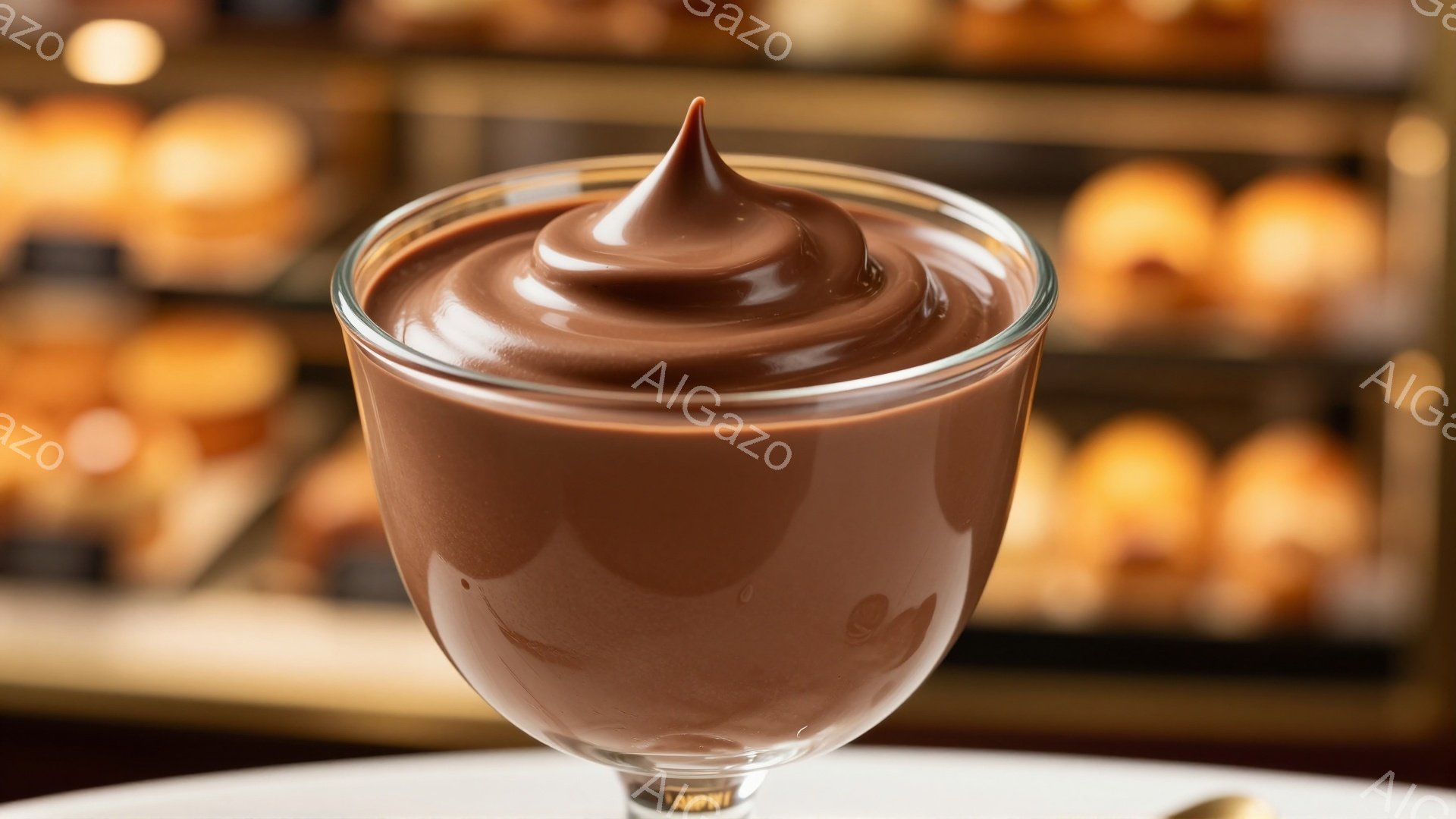 滑らかなチョコレート色のクリームが透明なグラスに入っており、上部は尖った形に盛り付けられています。背景には、ぼやけた焼き菓子の棚が見え、クリームの濃い色とのコントラストを作っています。全体的に、甘くて美味しいデザートを連想させる、落ち着いた雰囲気の画像です。