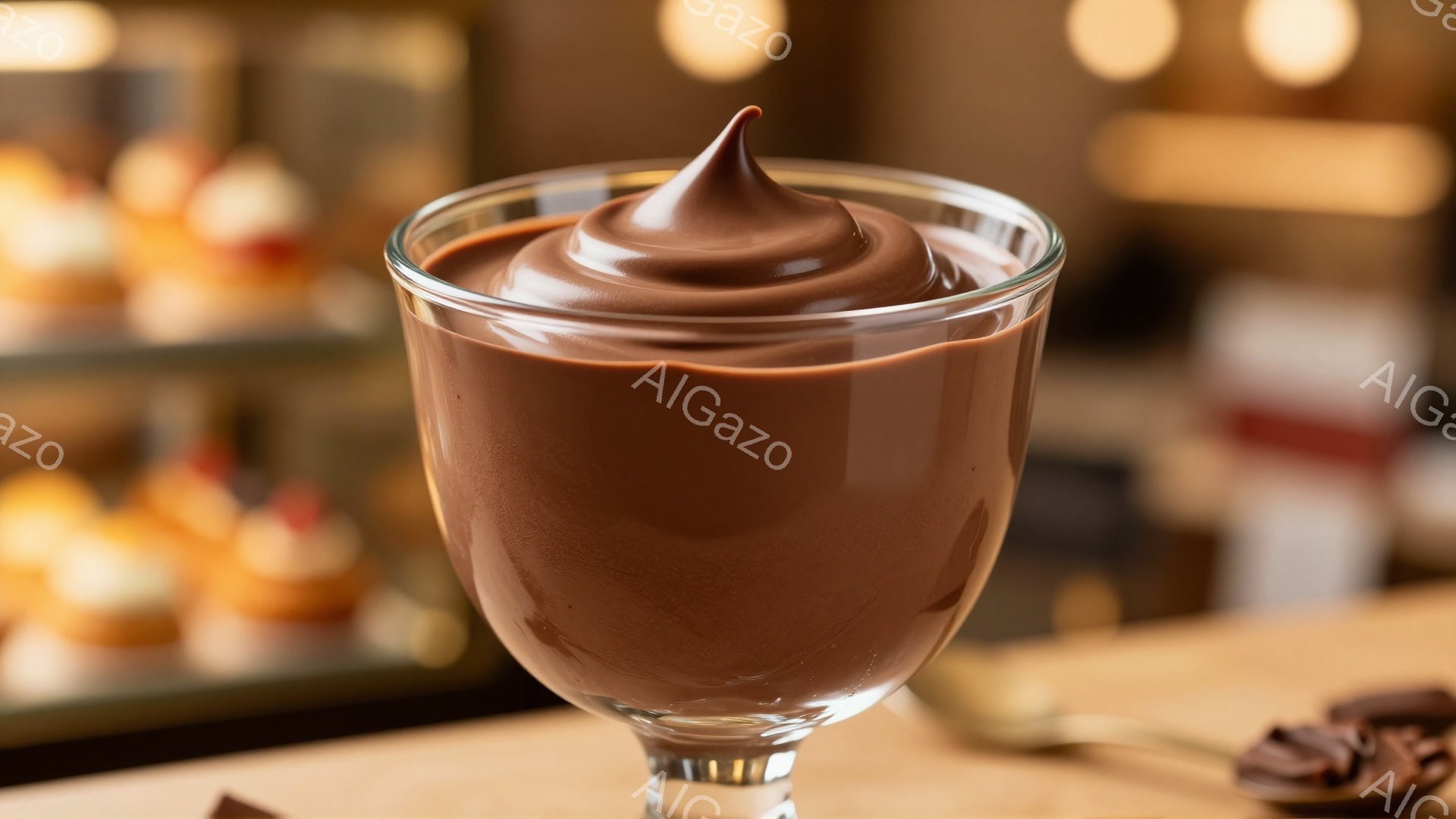 グラスの中に、なめらかで光沢のあるチョコレートムースが盛り付けられています。背景には、少しぼやけたパティスリーのショーケースが見え、温かく優しい雰囲気を醸し出しています。テーブルの上には、ムースと小さなチョコレート片が置かれ、食欲をそそる構図になっています。