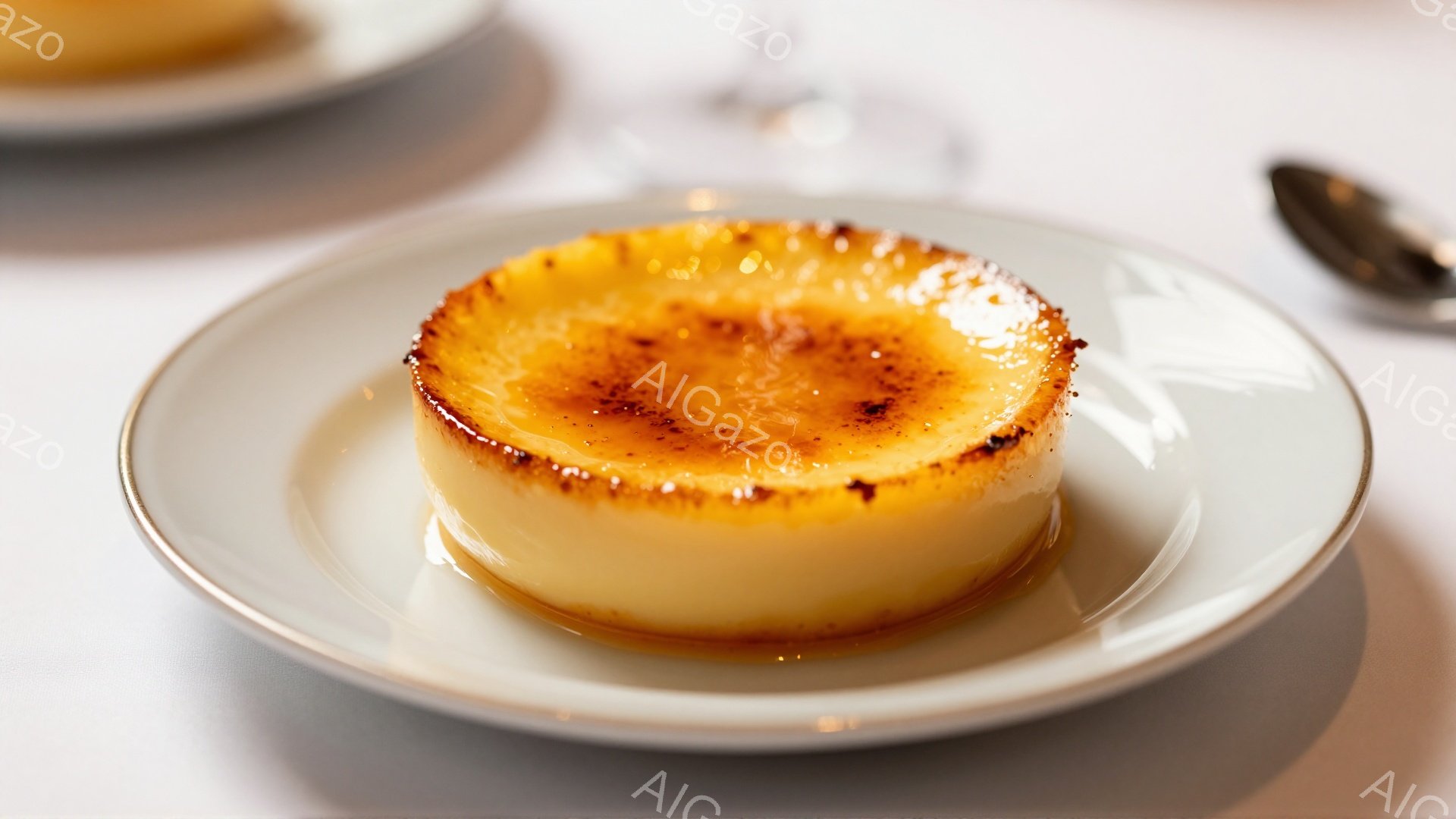 白い皿に、表面がキャラメリゼされたクレームブリュレが置かれています。焦げ目の模様が美しく、なめらかで濃厚なクリームが期待されます。背景にはぼやけたグラスや食器が見え、上品で落ち着いたレストランの雰囲気を感じさせます。